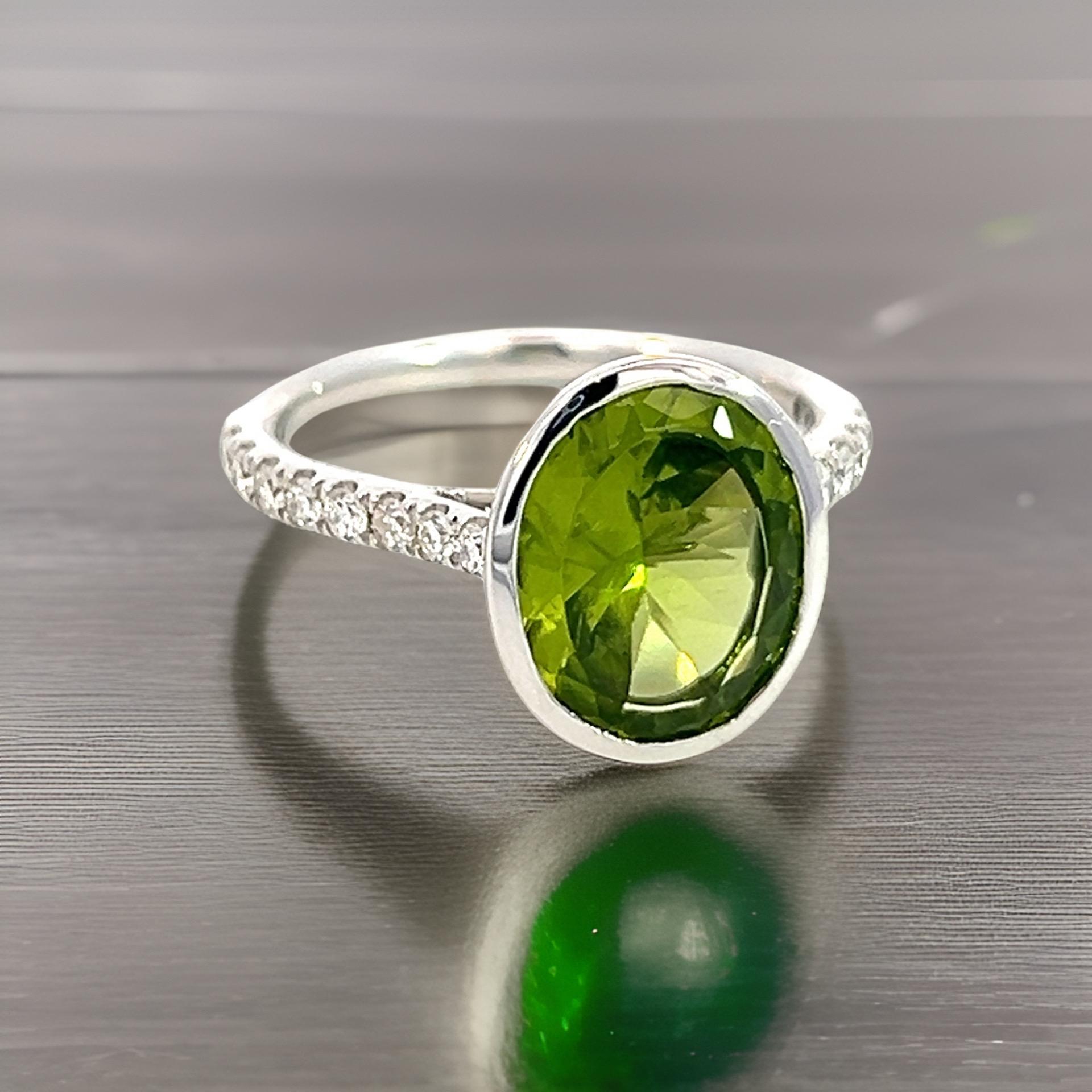 Oval Cut Natural Peridot Diamond Ring 6.5 14k W Gold 3.49 TCW Certified For Sale
