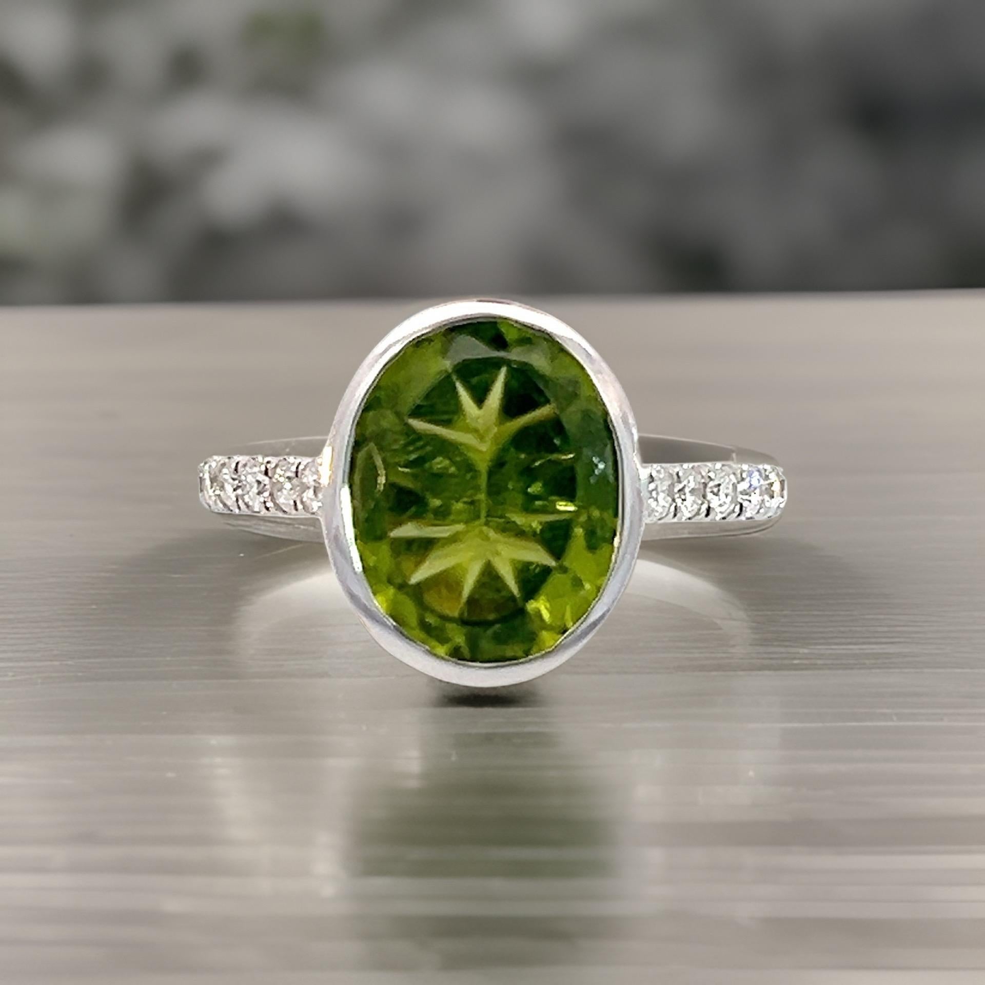 Natural Peridot Diamond Ring 6.5 14k W Gold 3.49 TCW Certified For Sale 2