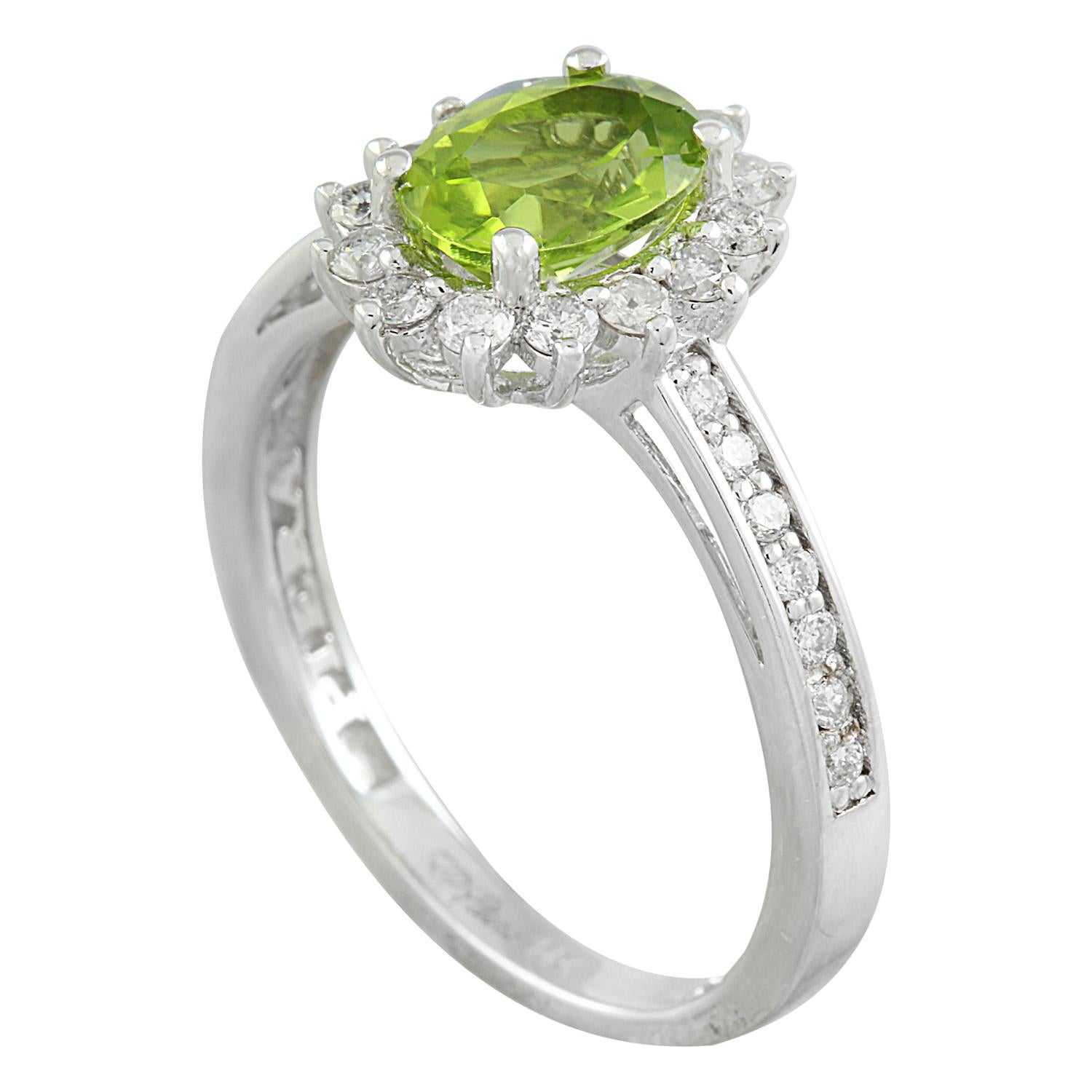 Modern Natural Peridot Diamond Ring: Exquisite Beauty in 14K Solid White Gold For Sale