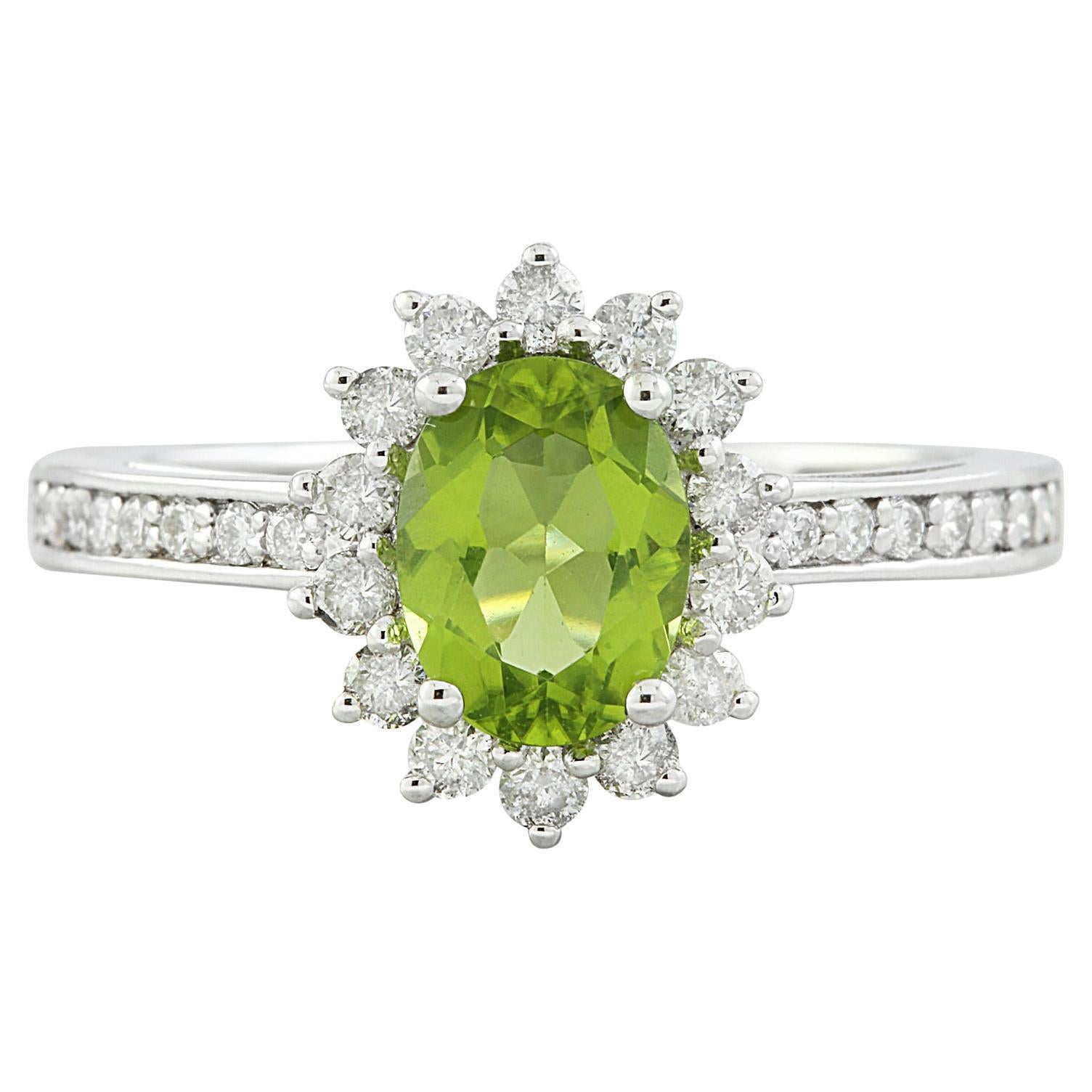 Natural Peridot Diamond Ring: Exquisite Beauty in 14K Solid White Gold For Sale
