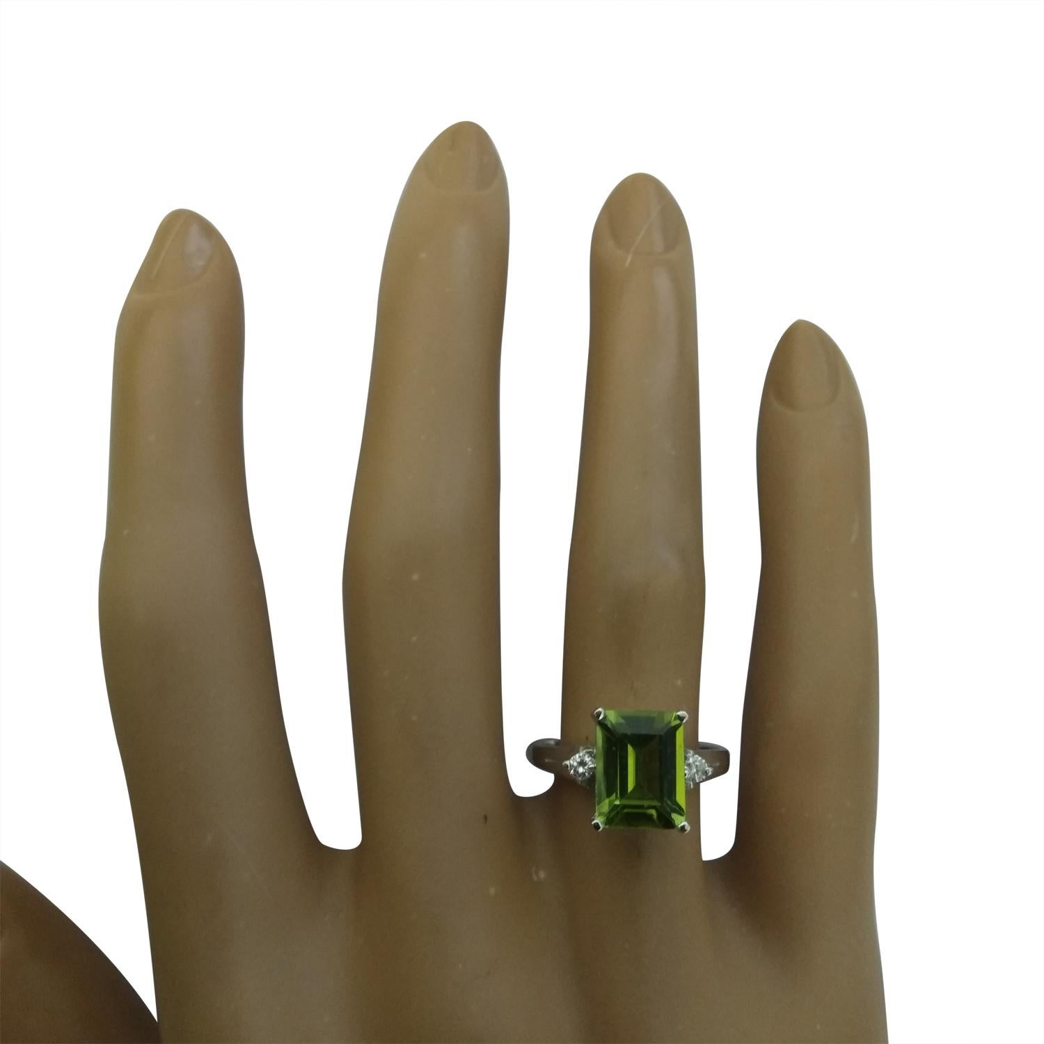 Emerald Cut Natural Peridot Diamond Ring in 14 Karat Solid White Gold  For Sale