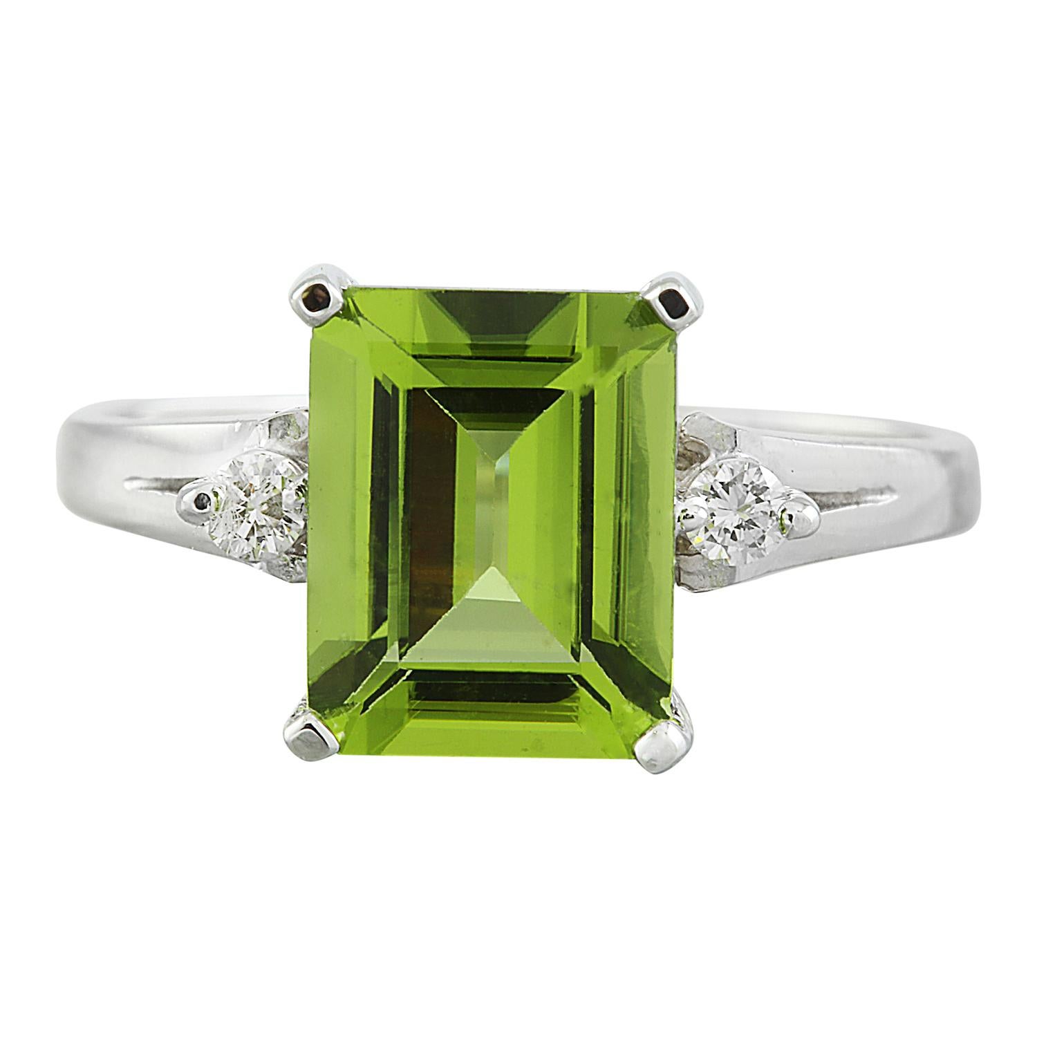 Natural Peridot Diamond Ring in 14 Karat Solid White Gold  For Sale