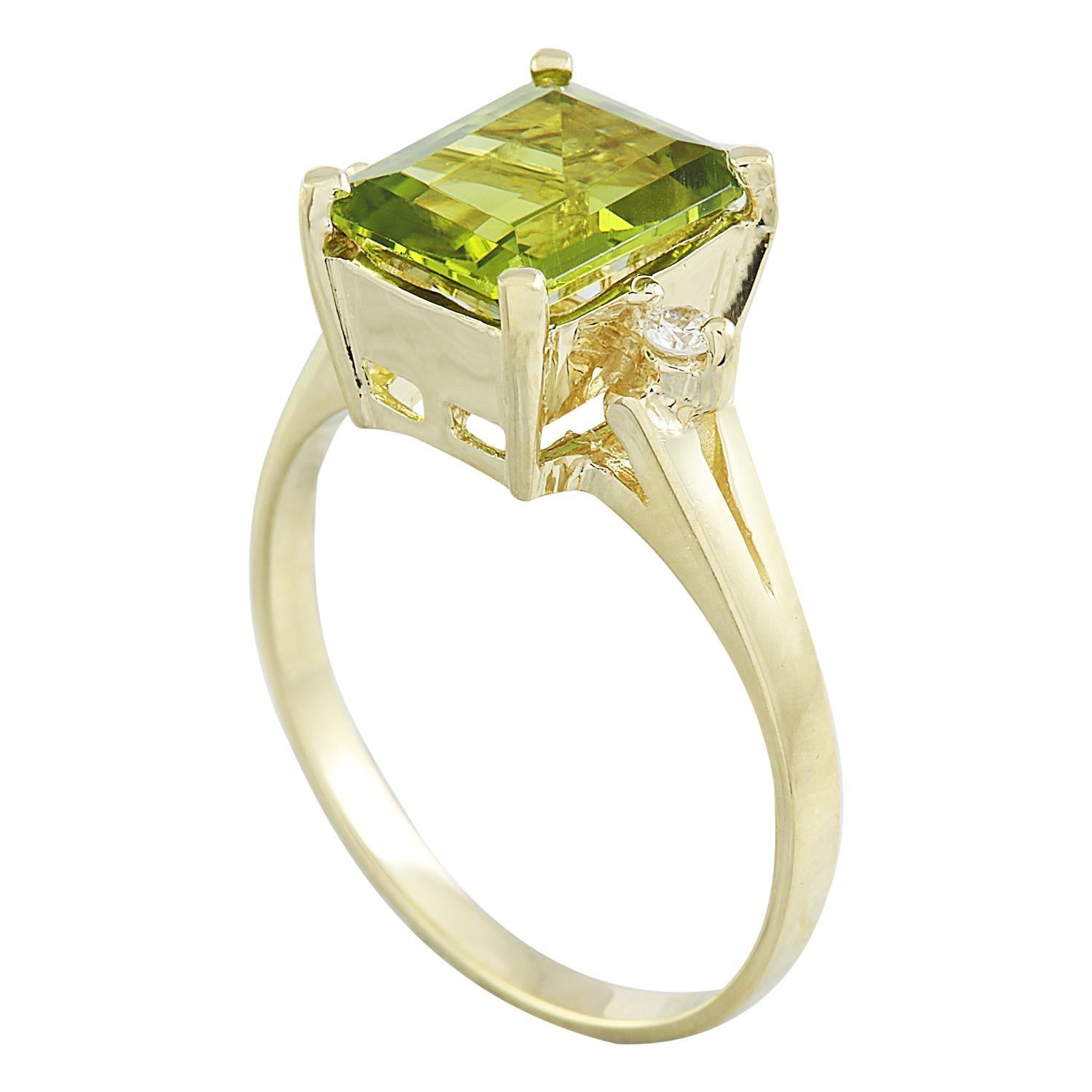 Emerald Cut Natural Peridot Diamond Ring in 14 Karat Solid Yellow Gold  For Sale