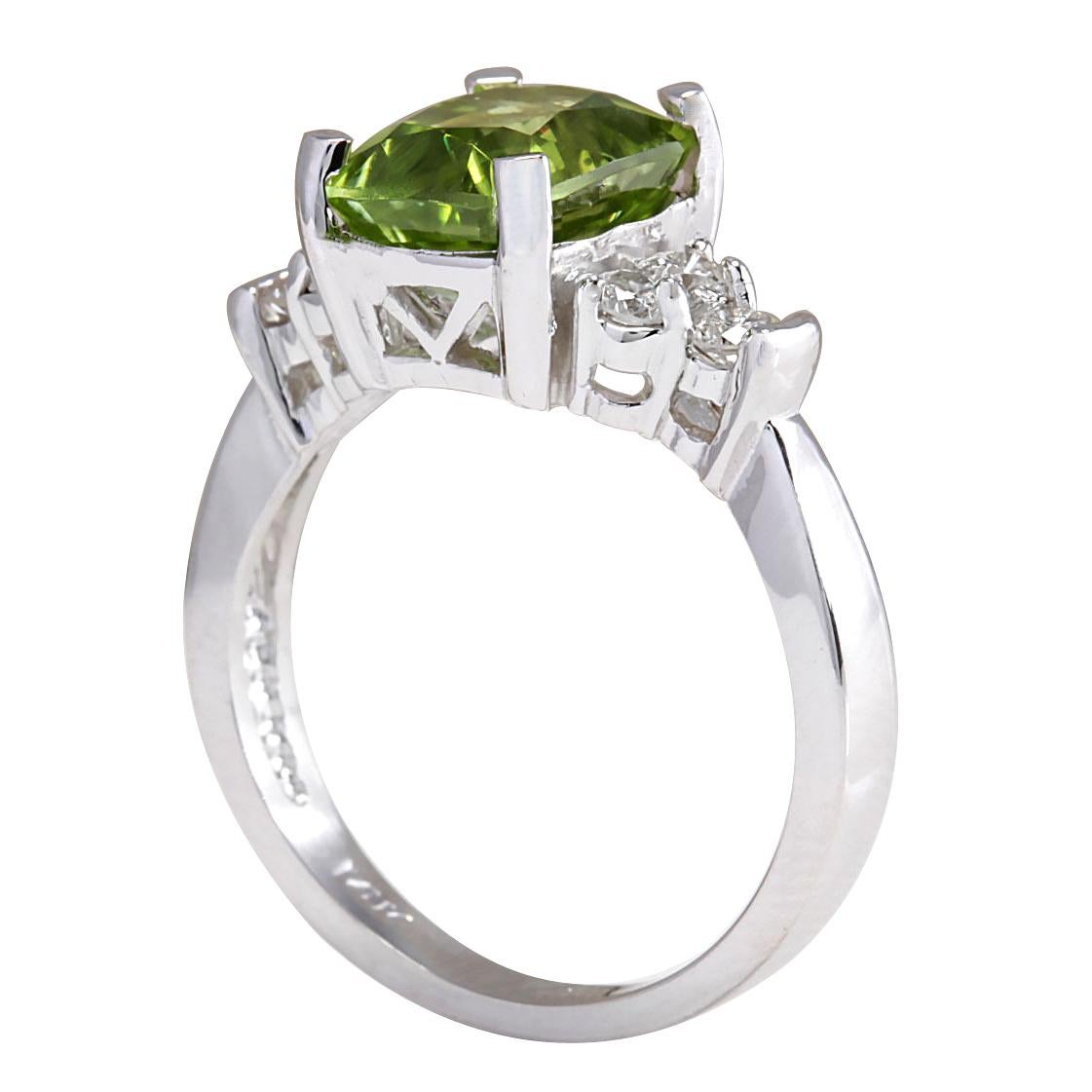 Modern Vibrant Natural Peridot Diamond Ring In 14 Karat White Gold  For Sale