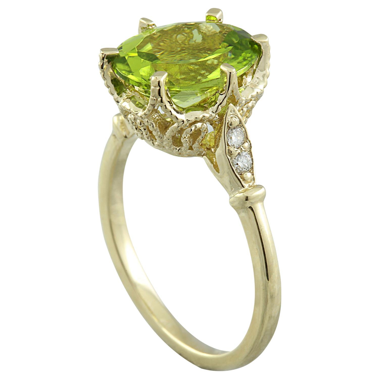 Oval Cut Natural Peridot Diamond Ring In 14 Karat Yellow Gold For Sale
