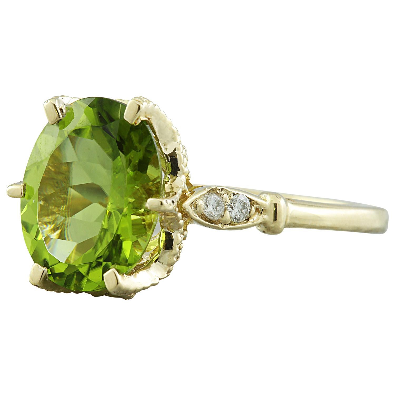 Women's Natural Peridot Diamond Ring In 14 Karat Yellow Gold For Sale