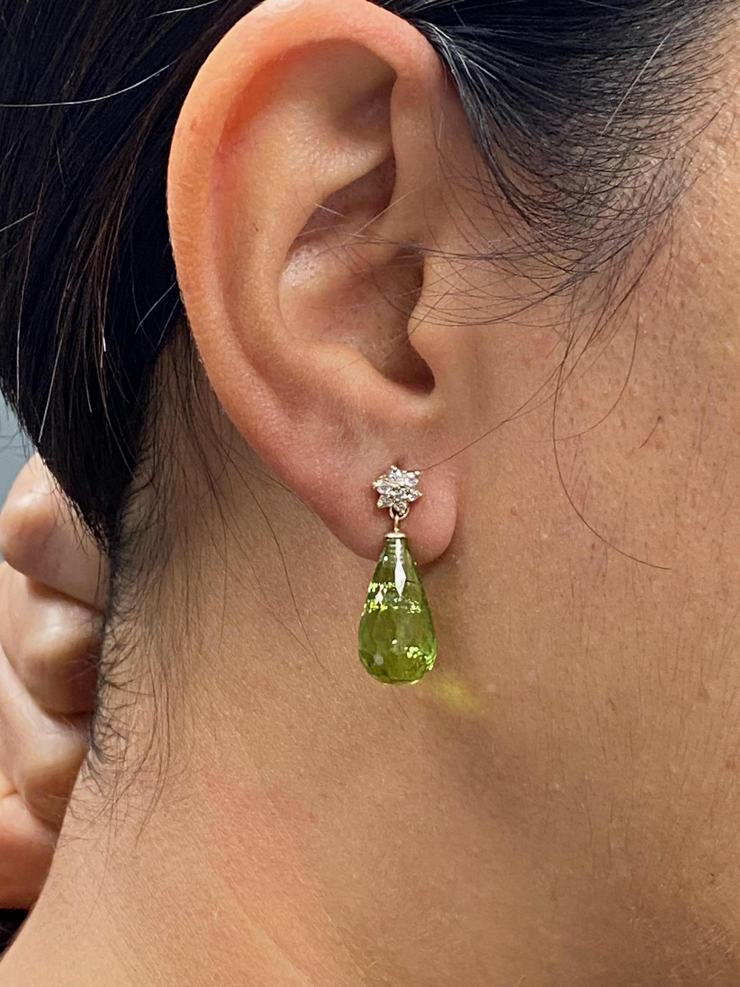 Briolette Cut Natural Peridot Diamond Yellow Gold Drop Earrings For Sale