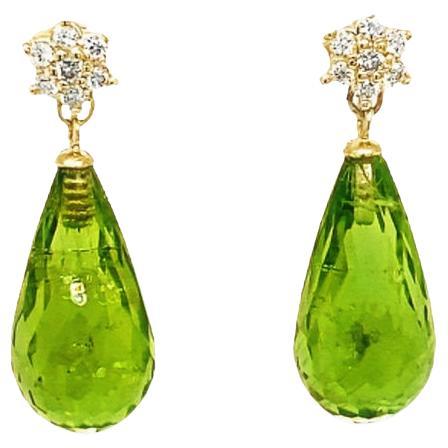 Natural Peridot Diamond Yellow Gold Drop Earrings For Sale