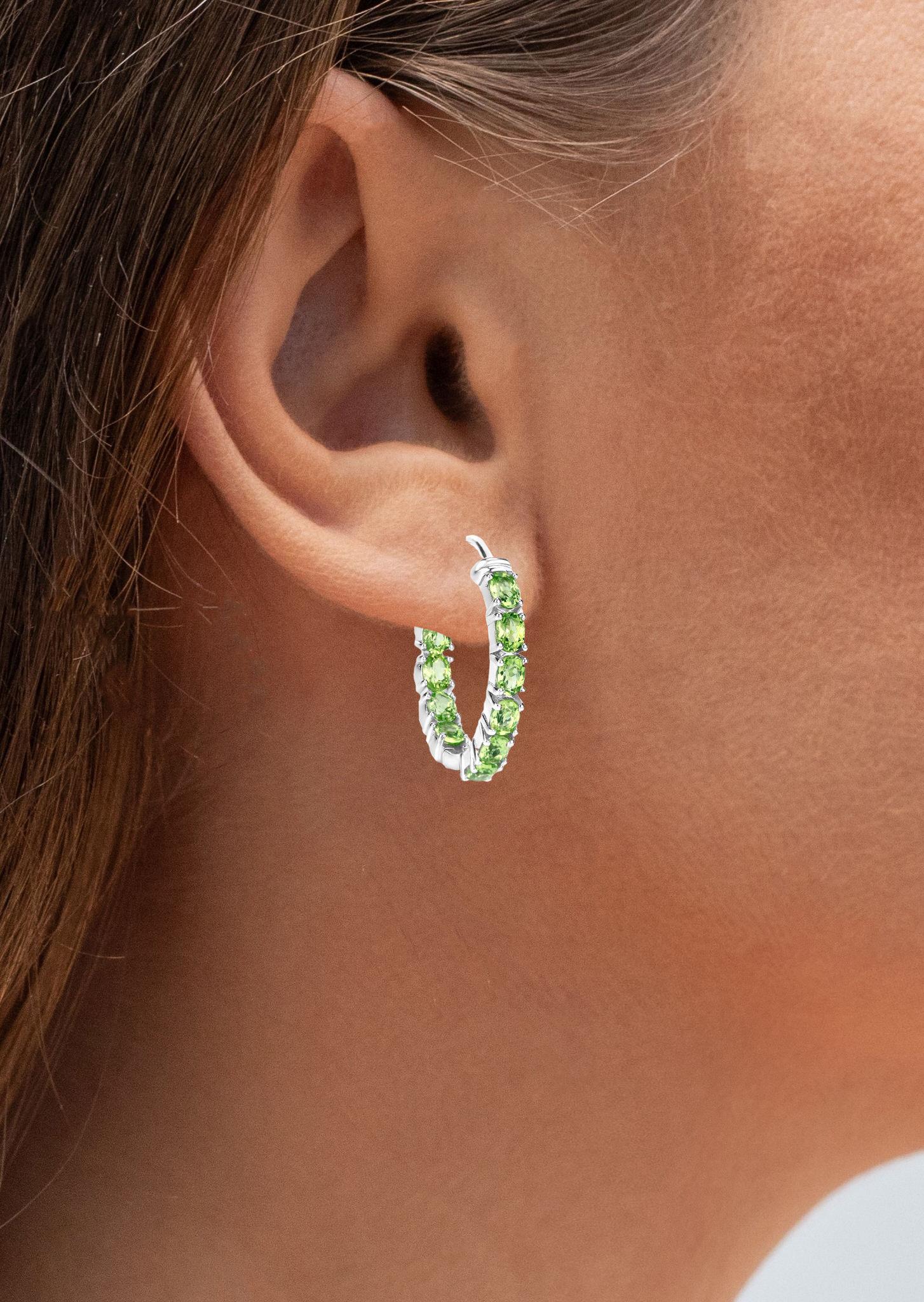 Contemporary Natural Peridot Hoop Earrings 3.4 Carats Rhodium Plated Silver For Sale