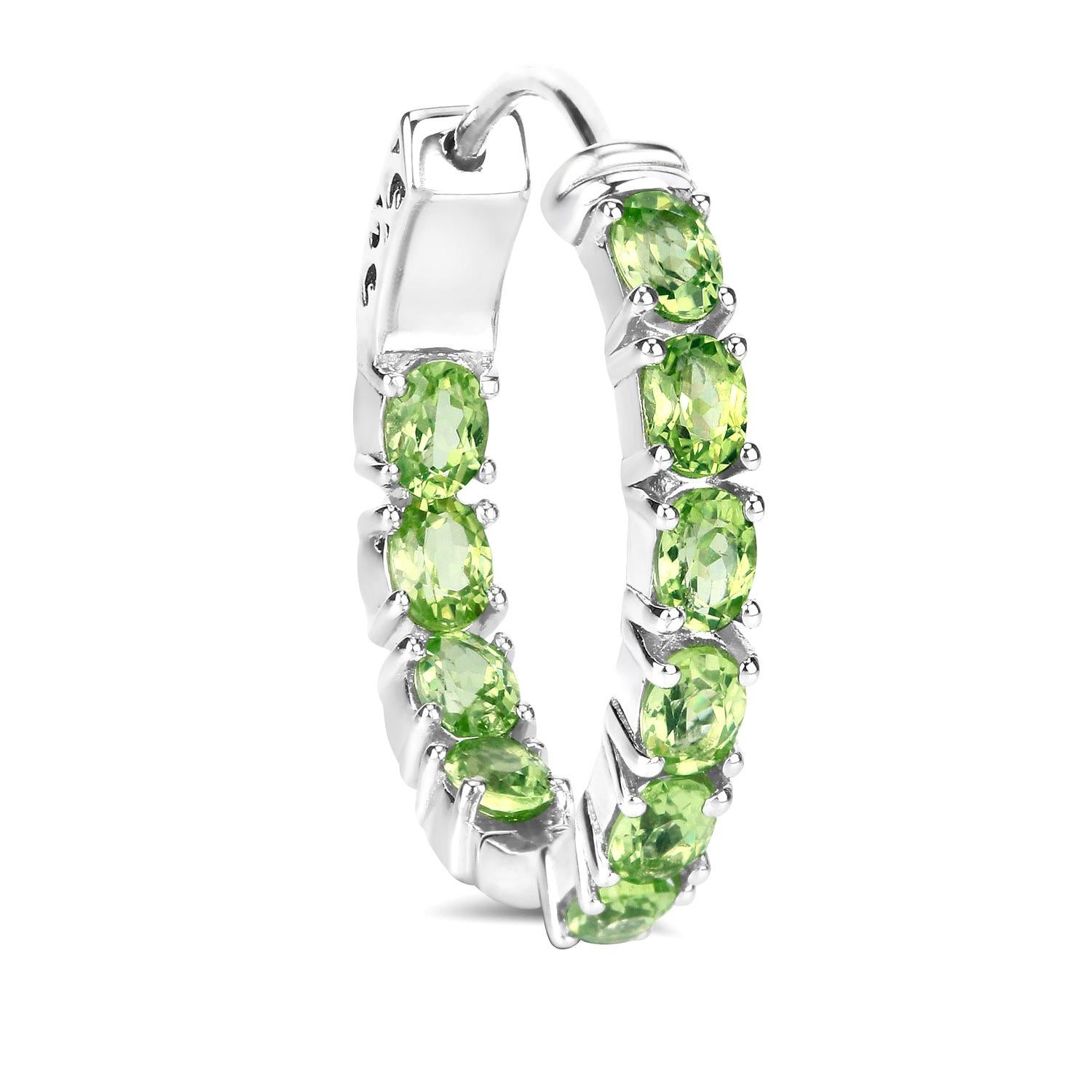 Oval Cut Natural Peridot Hoop Earrings 3.4 Carats Rhodium Plated Silver For Sale