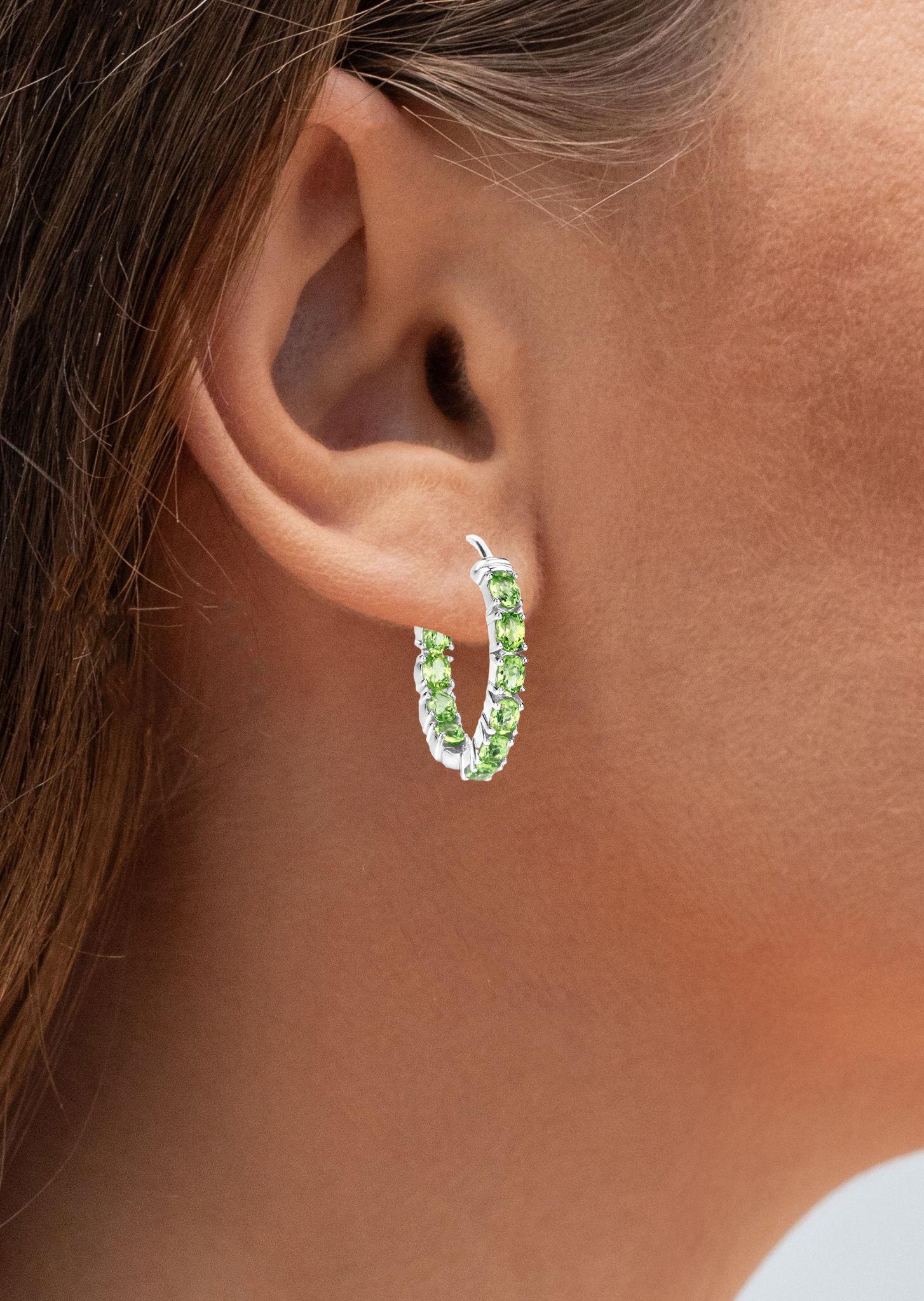 Oval Cut Natural Peridot Hoop Earrings 3.4 Carats Rhodium Plated Silver For Sale