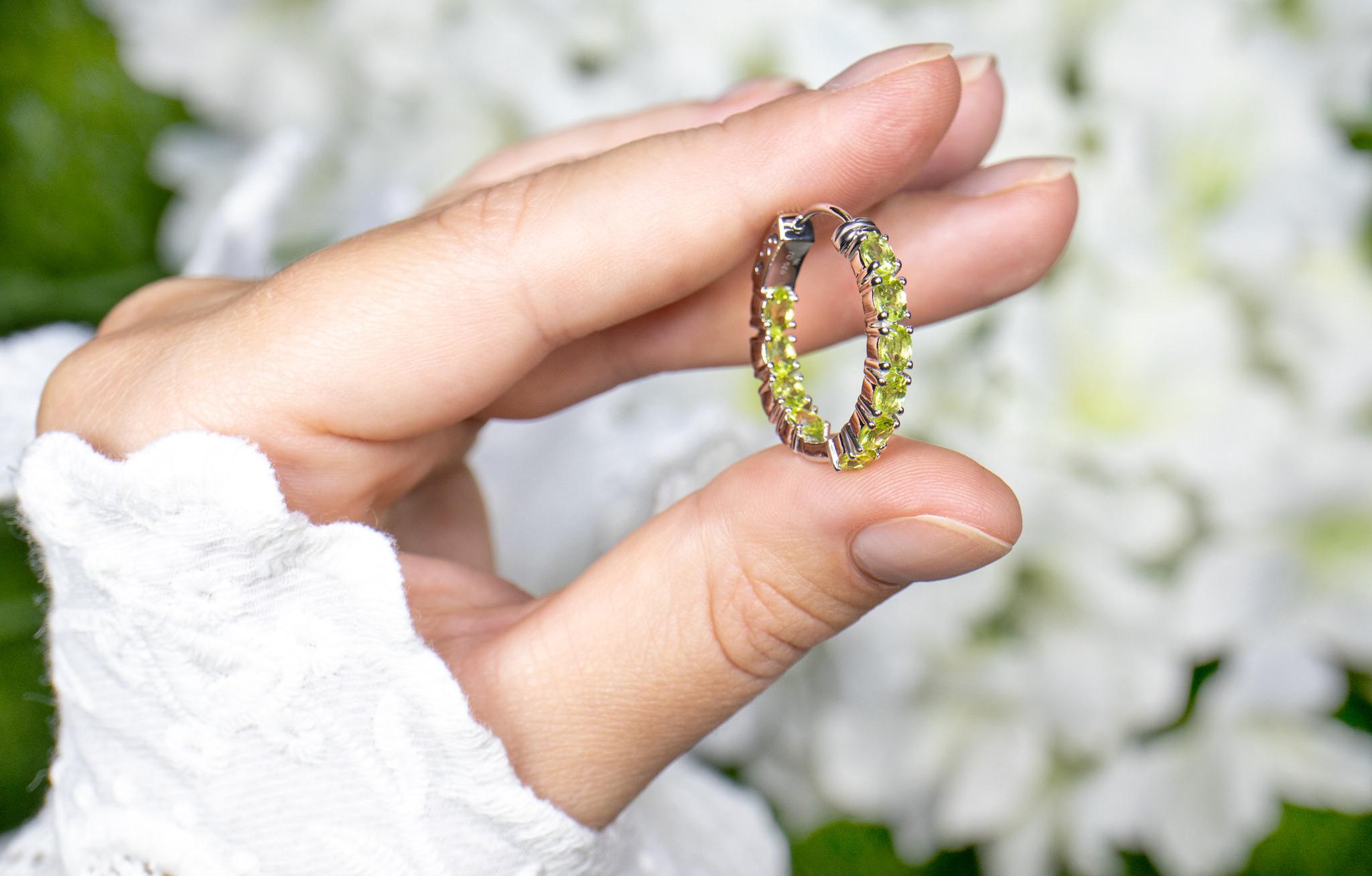 Women's or Men's Natural Peridot Hoop Earrings 3.4 Carats Rhodium Plated Silver For Sale