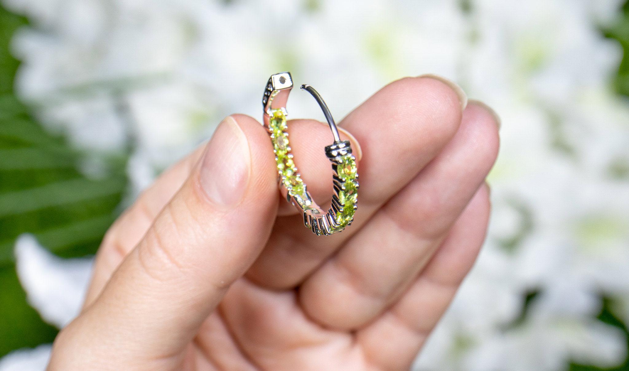 Natural Peridot Hoop Earrings 3.4 Carats Rhodium Plated Silver For Sale 1