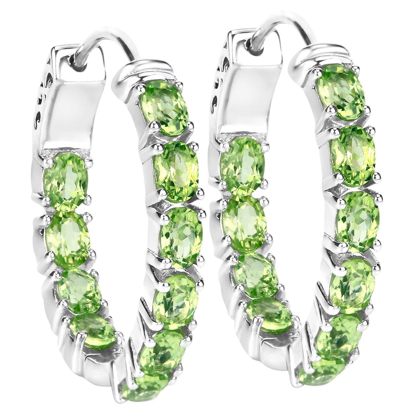Natural Peridot Hoop Earrings 3.4 Carats Rhodium Plated Silver For Sale