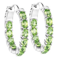 Natural Peridot Hoop Earrings 3.4 Carats Rhodium Plated Silver