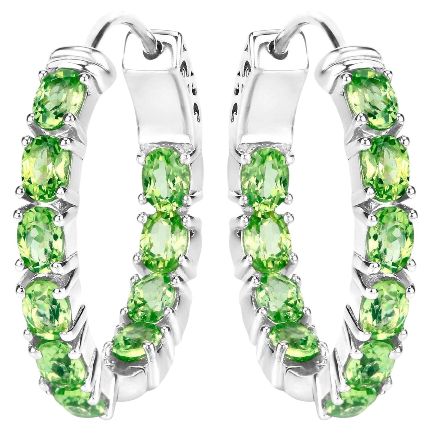 Natural Peridot Hoop Earrings 3.4 Carats Rhodium Plated Silver