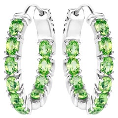 Natural Peridot Hoop Earrings 3.4 Carats Rhodium Plated Silver