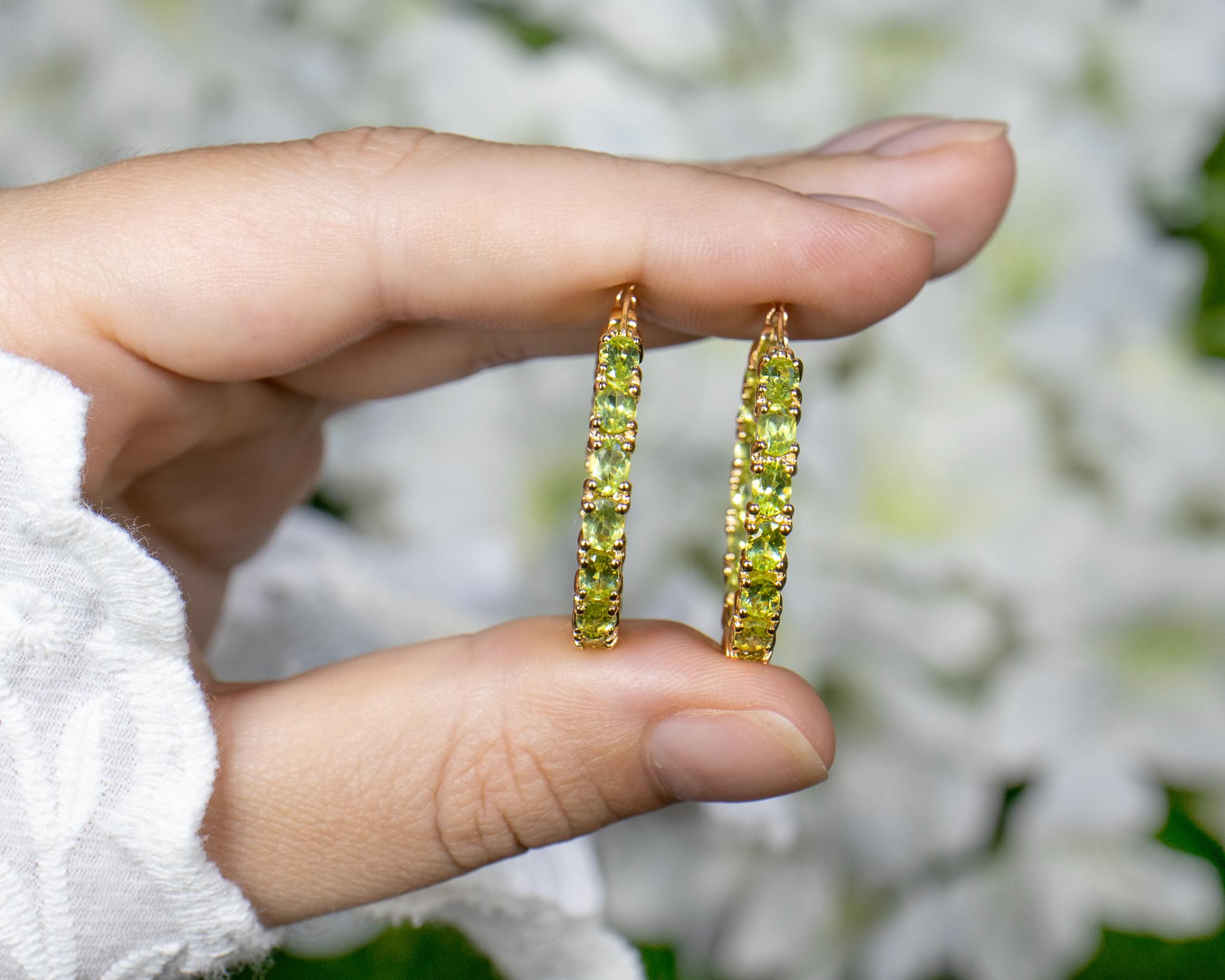 Oval Cut Natural Peridot Hoop Earrings 5.15 Carats 14K Yellow Gold Plated Silver For Sale