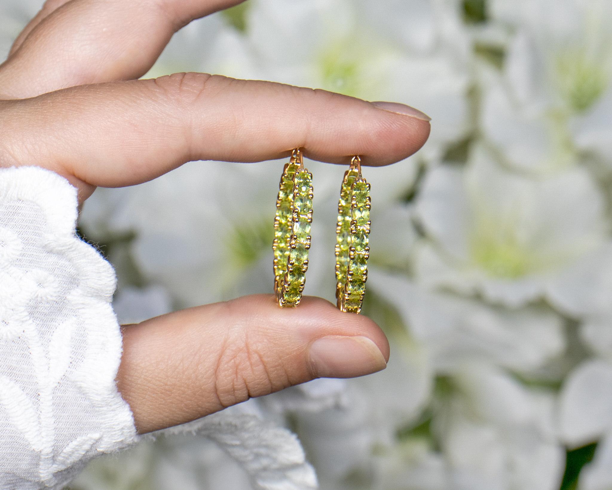 Natural Peridot Hoop Earrings 5.15 Carats 14K Yellow Gold Plated Silver In Excellent Condition For Sale In Aliso Viejo, CA