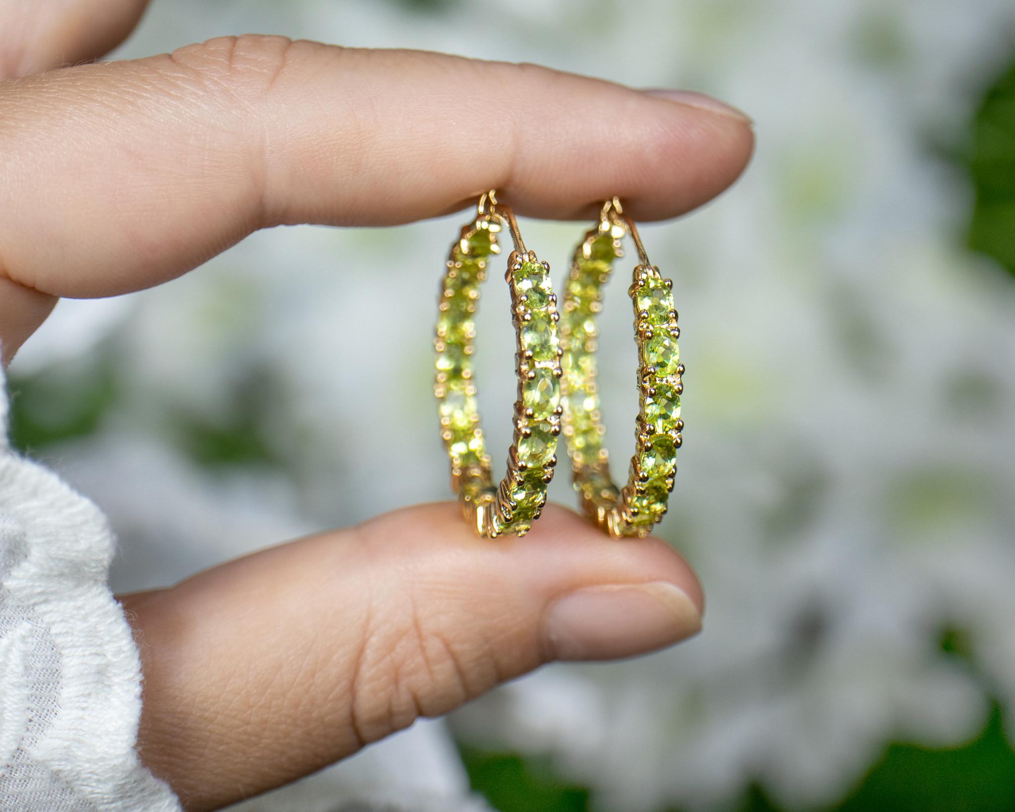 da uomo o donna Orecchini a cerchio di peridoto naturale da 5,15 carati in argento placcato oro giallo 14 carati A. Silver in vendita