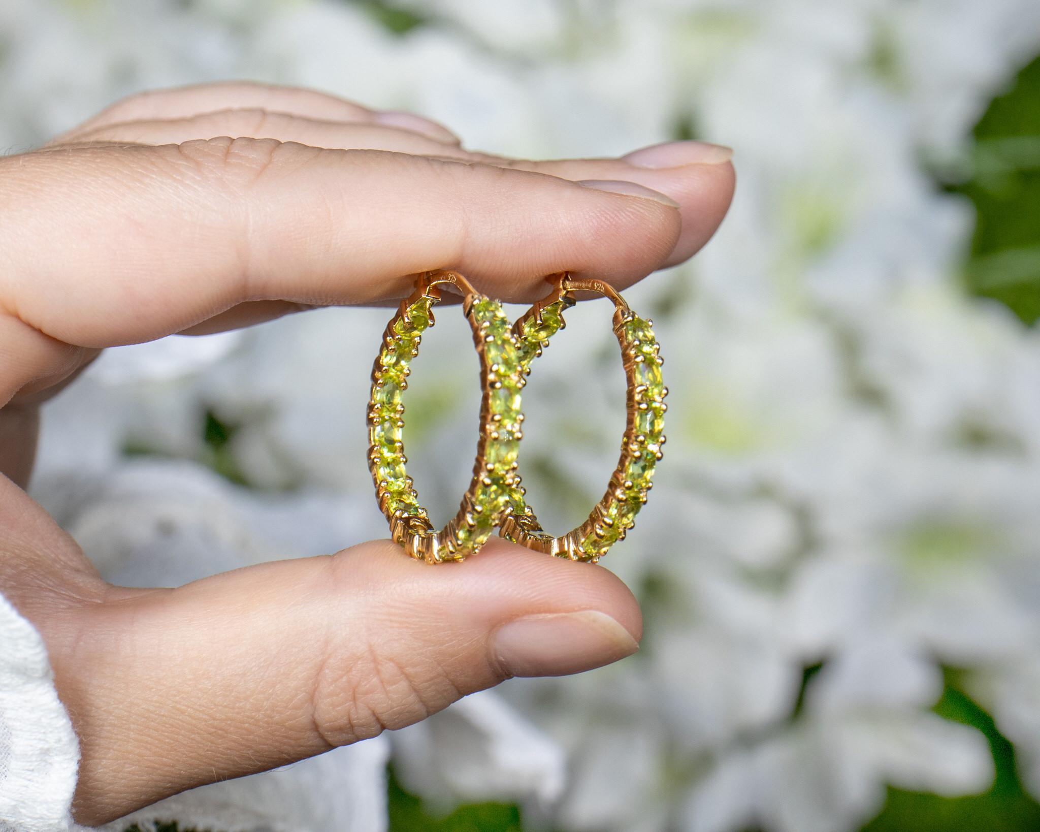 Natural Peridot Hoop Earrings 5.15 Carats 14K Yellow Gold Plated Silver For Sale 1