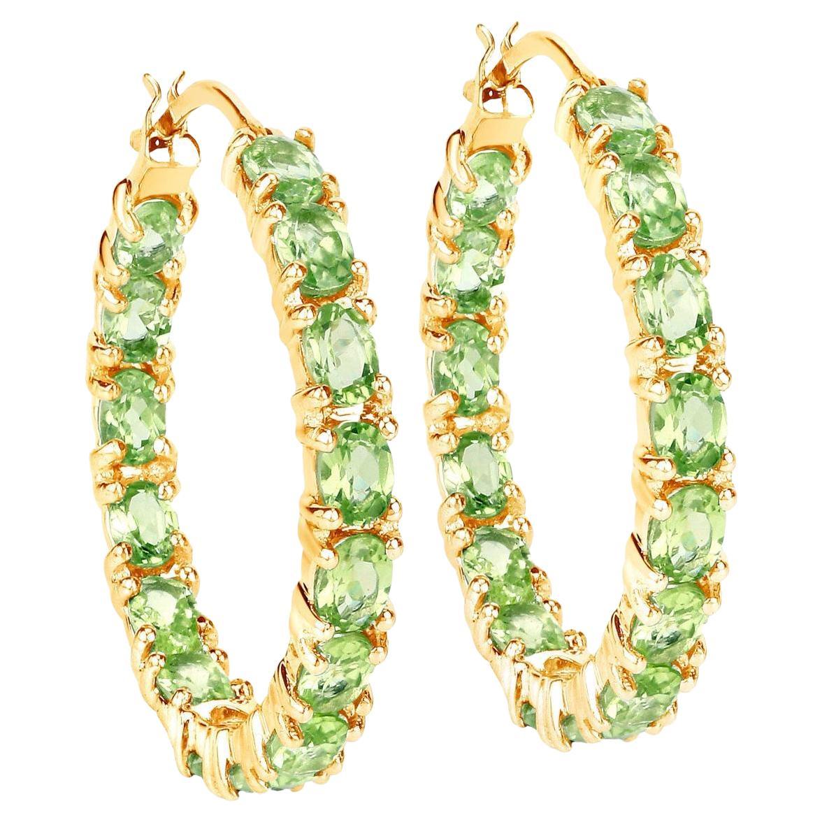 Natural Peridot Hoop Earrings 5.15 Carats 14K Yellow Gold Plated Silver For Sale