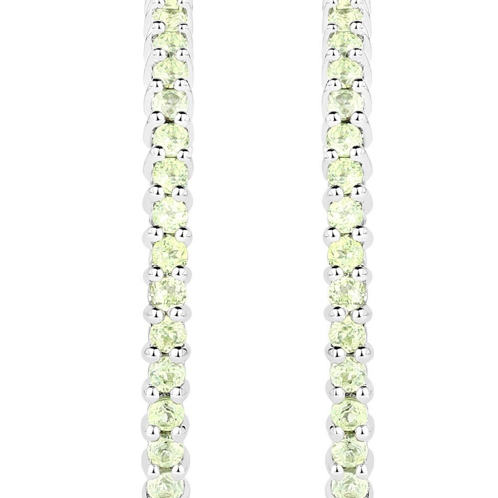 Round Cut Natural Peridot Hoop Earrings Total 3.50 Carats Rhodium Plated Silver For Sale