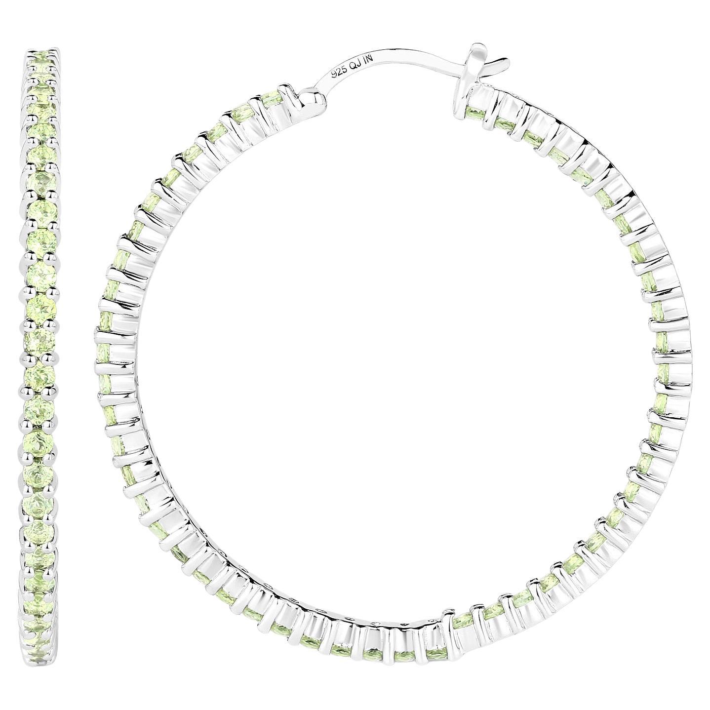 Natural Peridot Hoop Earrings Total 3.50 Carats Rhodium Plated Silver For Sale