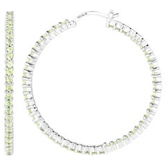 Natural Peridot Hoop Earrings Total 3.50 Carats Rhodium Plated Silver