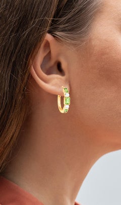 Natural Peridot Hoop Earrings White Topaz 2.44 Carats 14K Gold Plated Silver