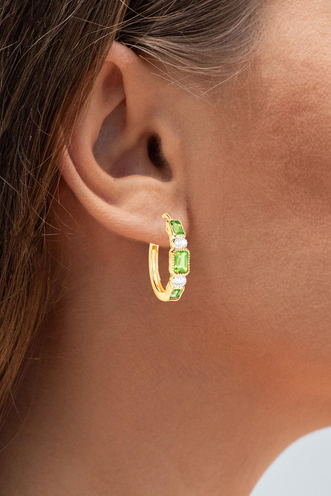 Contemporary Natural Peridot Hoop Earrings White Topaz 2.44 Carats 14K Gold Plated Silver For Sale