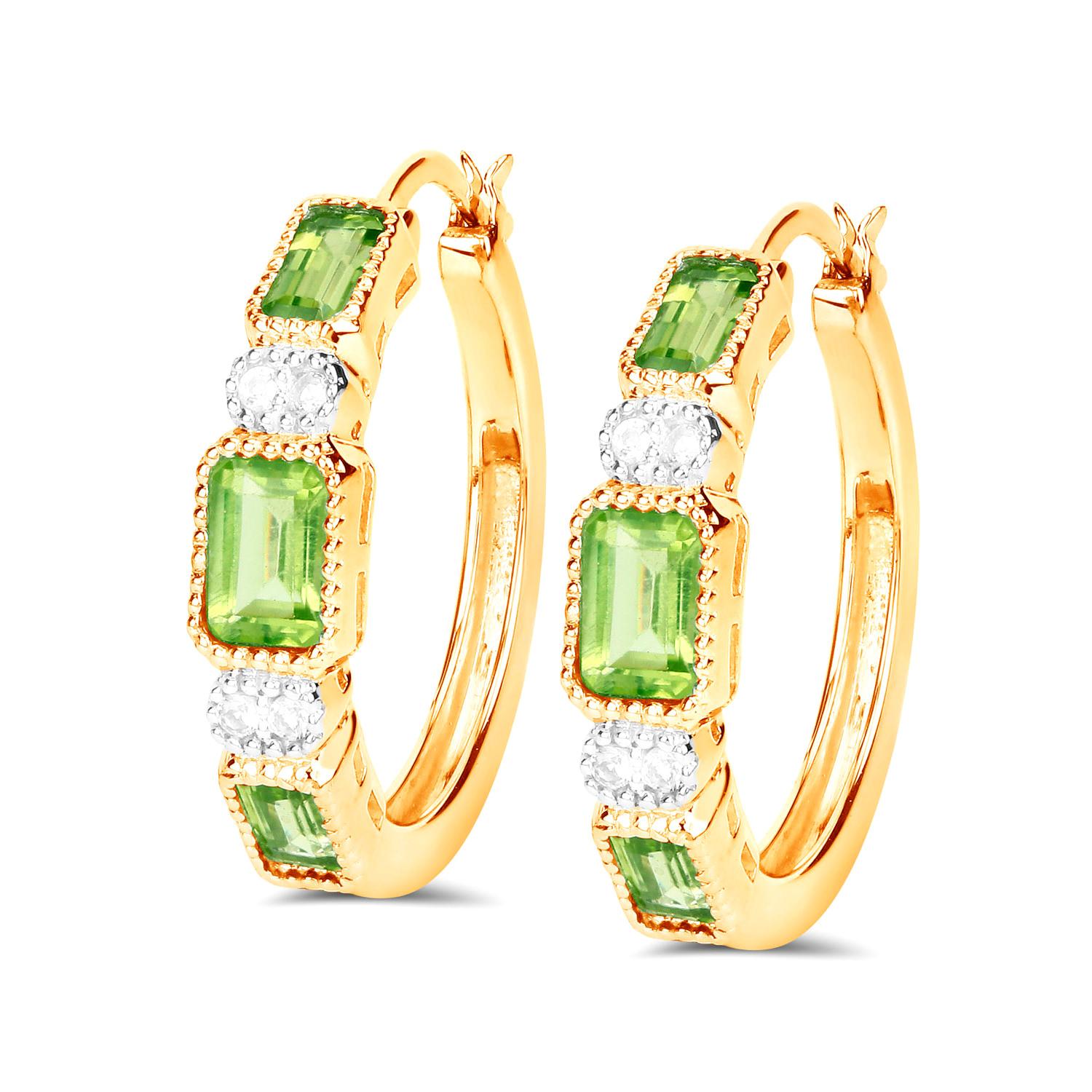 Mixed Cut Natural Peridot Hoop Earrings White Topaz 2.44 Carats 14K Gold Plated Silver For Sale