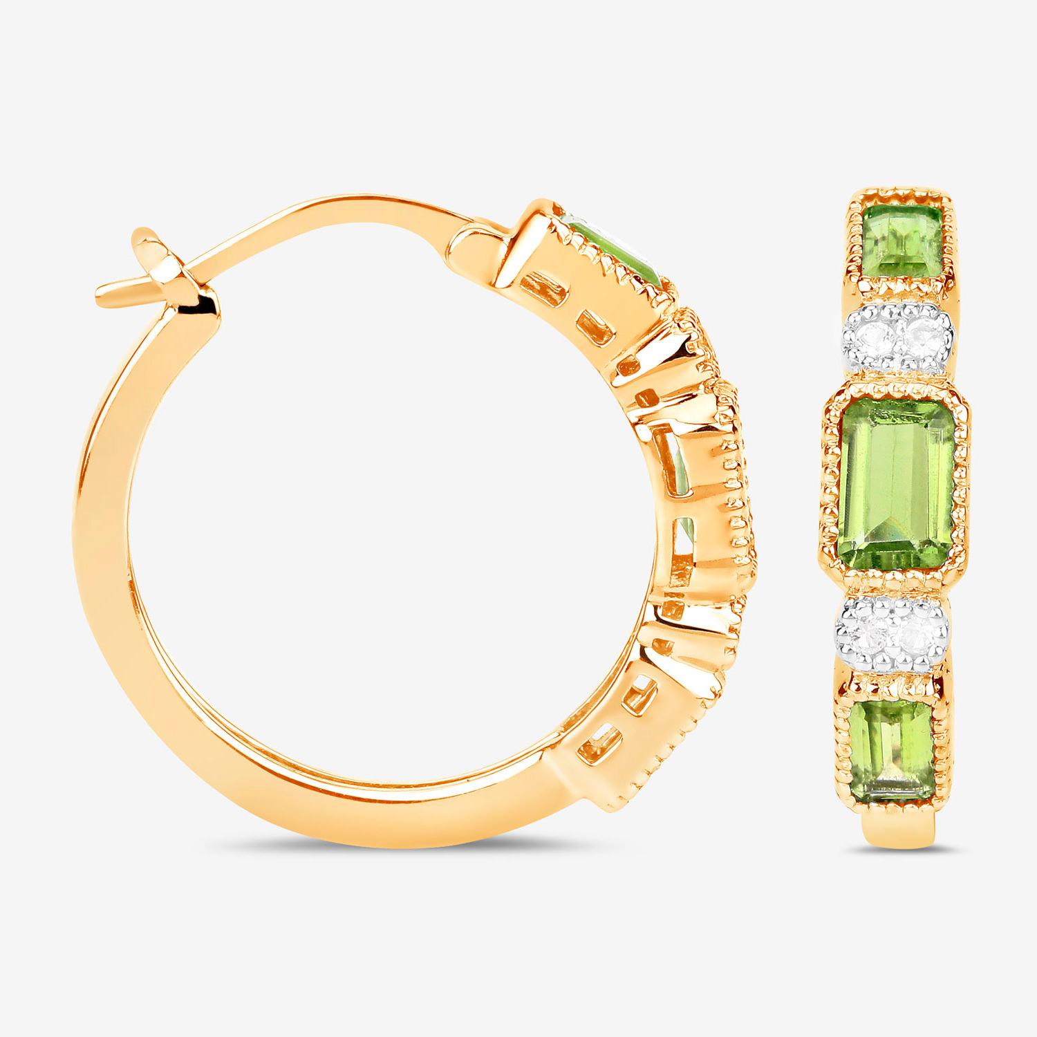 Natural Peridot Hoop Earrings White Topaz 2.44 Carats 14K Gold Plated Silver In Excellent Condition For Sale In Laguna Niguel, CA