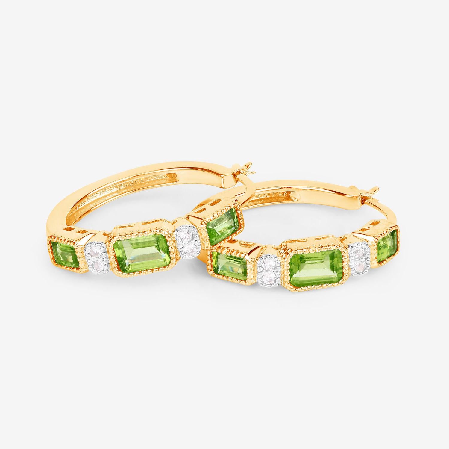 Women's or Men's Natural Peridot Hoop Earrings White Topaz 2.44 Carats 14K Gold Plated Silver For Sale