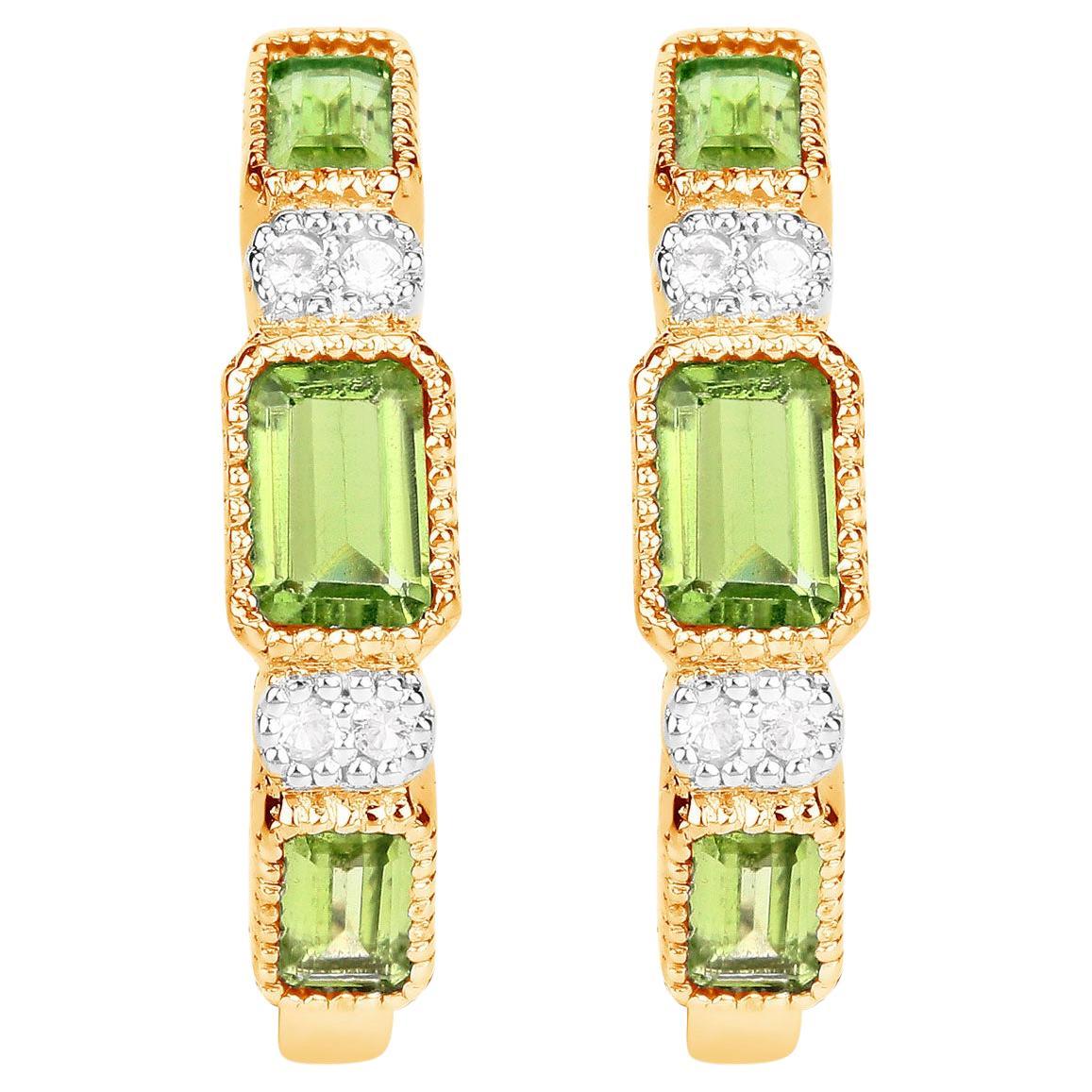 Natural Peridot Hoop Earrings White Topaz 2.44 Carats 14K Gold Plated Silver