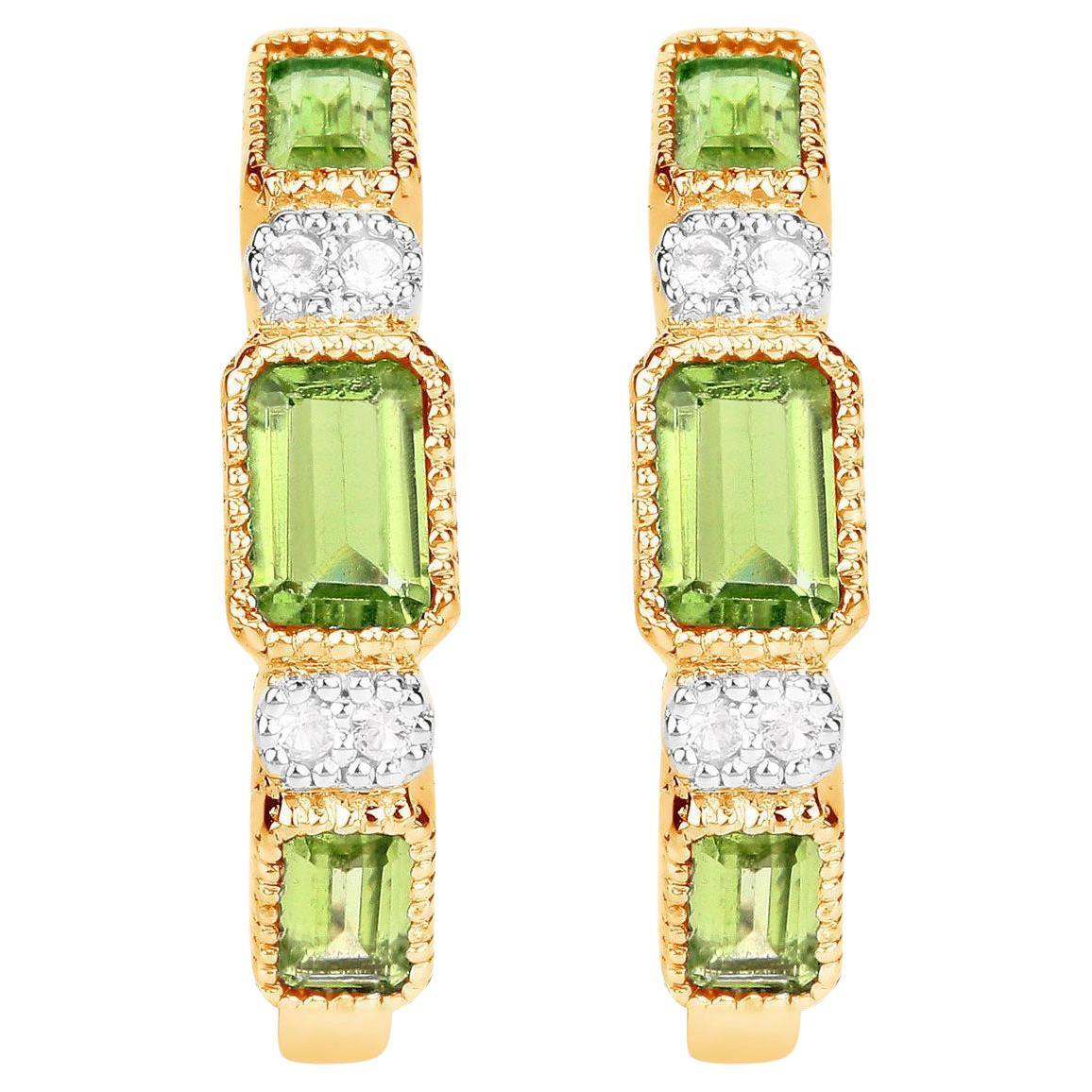 Pendientes de aro de peridoto natural Topacio blanco 2,44 quilates Plata chapada en oro de 14 quilates