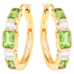 Natural Peridot Hoop Earrings White Topaz 2.44 Carats 14K Gold Plated Silver