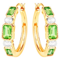 Natural Peridot Hoop Earrings White Topaz 2.44 Carats 14K Gold Plated Silver
