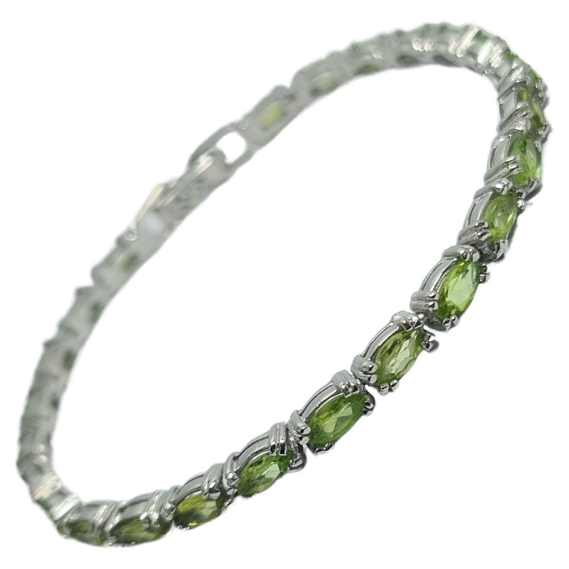 Natural Peridot Marquise Cut Tennis Bracelet .925 Sterling Silver Rhodium Plated