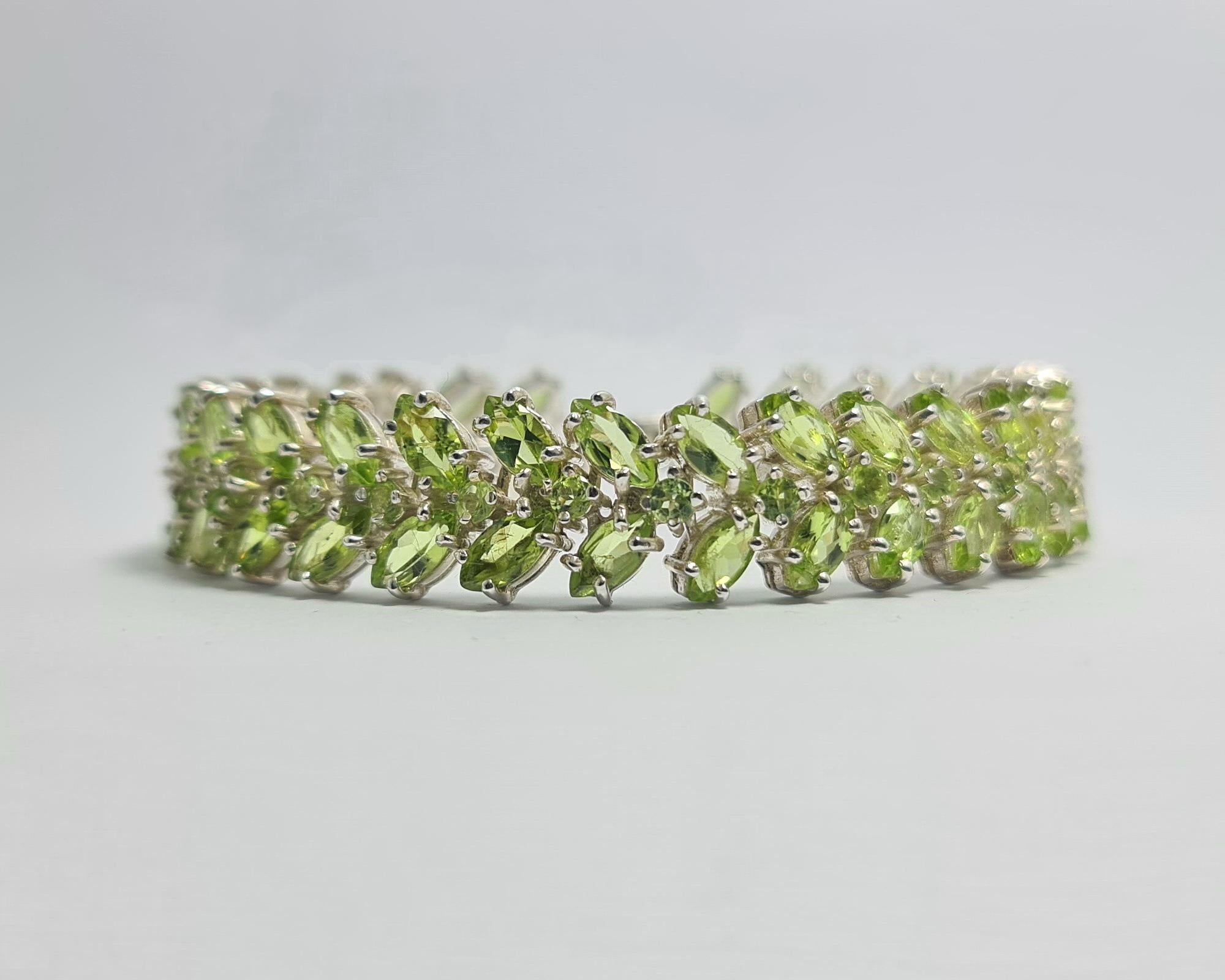 Natural Peridot Marquise and Round Cut  Pure .925 Sterling Silver with Rhodium Plating Triple Row Bracelet 
