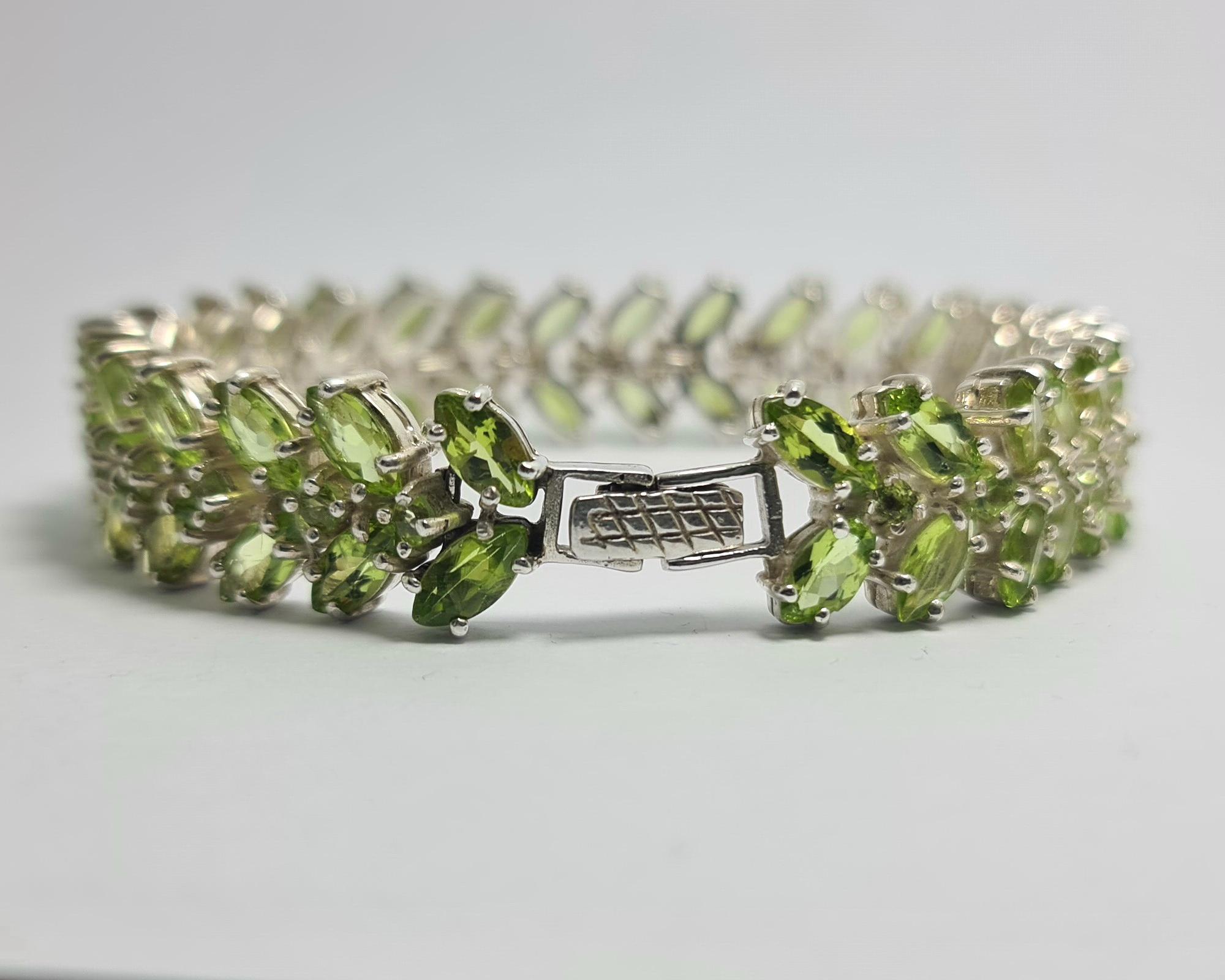 Modern Natural Peridot Marquise, Round Cut .925 Sterling Silver Rhodium Plated Bracelet For Sale