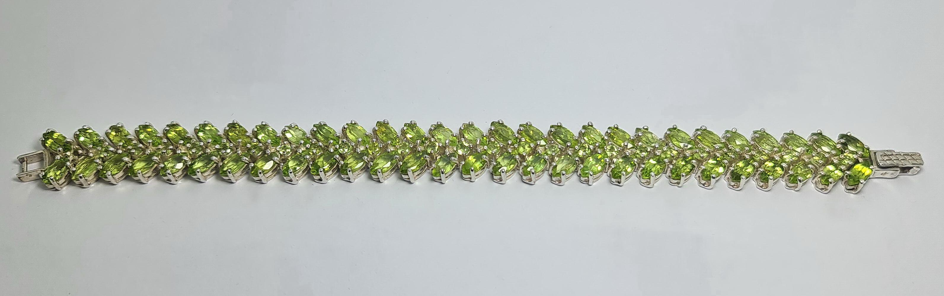 Marquise Cut Natural Peridot Marquise, Round Cut .925 Sterling Silver Rhodium Plated Bracelet For Sale