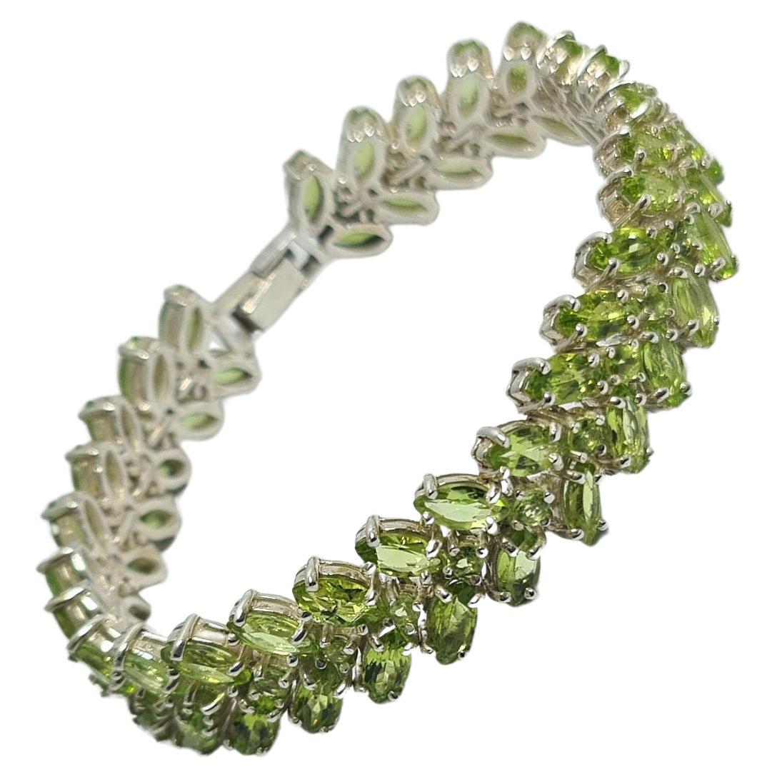 Natural Peridot Marquise, Round Cut .925 Sterling Silver Rhodium Plated Bracelet For Sale
