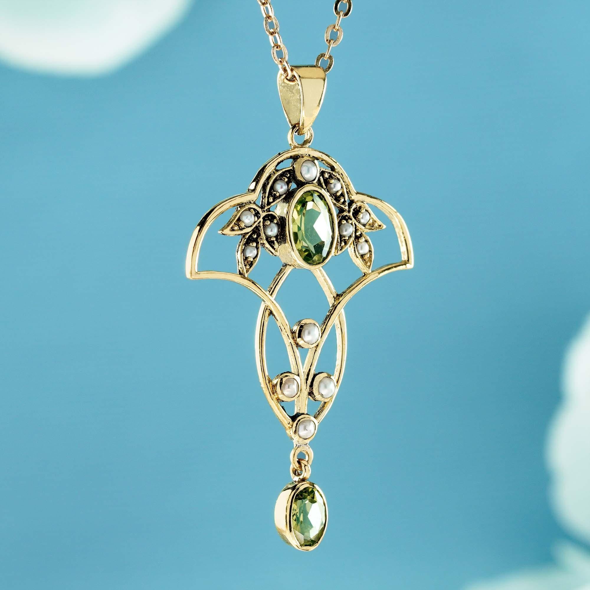 Edwardian Natural Peridot Pearl Vintage Victorian Style Filigree Pendant in Solid 9K Gold For Sale