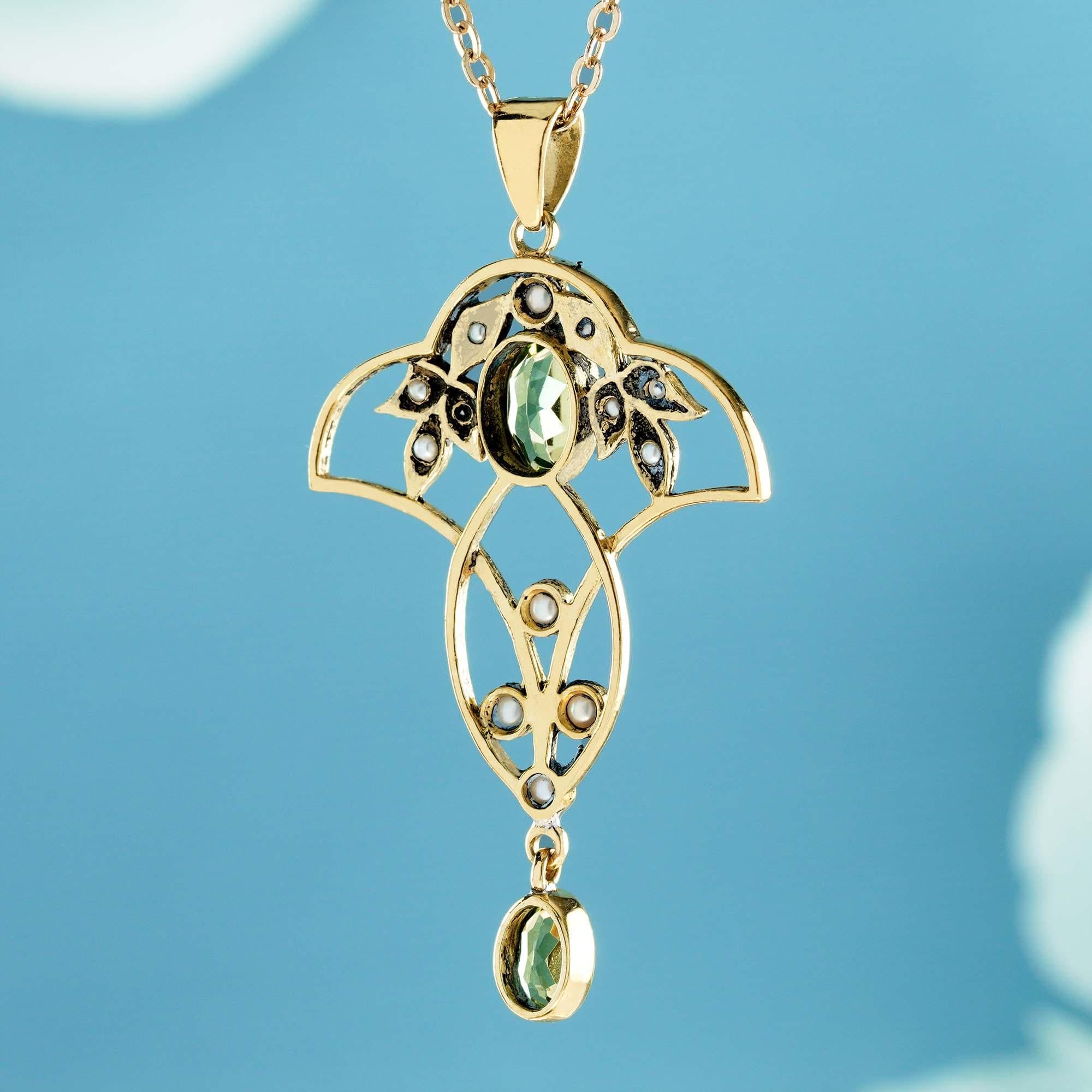 Oval Cut Natural Peridot Pearl Vintage Victorian Style Filigree Pendant in Solid 9K Gold For Sale