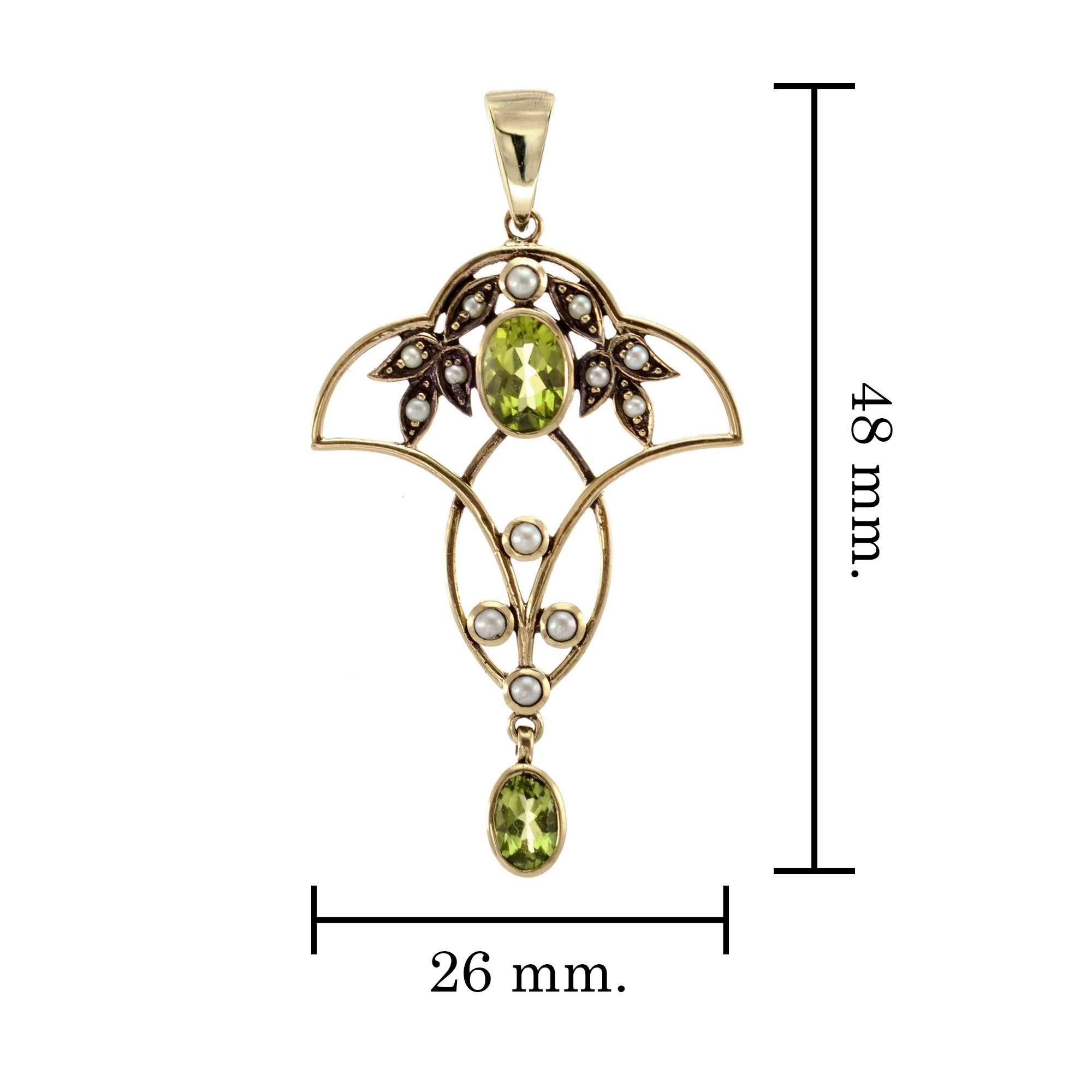 Natural Peridot Pearl Vintage Victorian Style Filigree Pendant in Solid 9K Gold In New Condition For Sale In Bangkok, TH