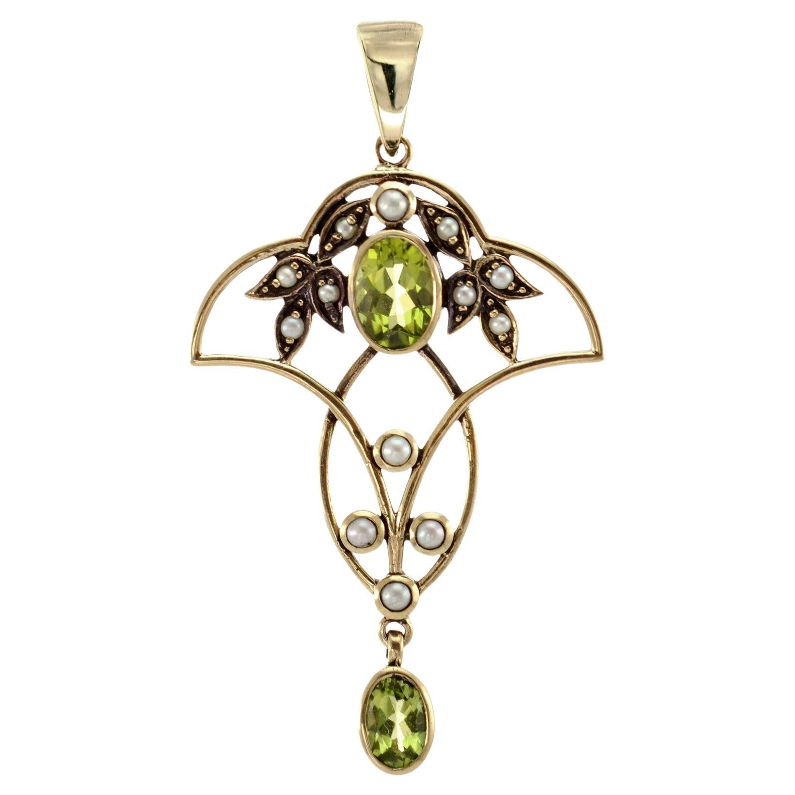 Natural Peridot Pearl Vintage Victorian Style Filigree Pendant in Solid 9K Gold For Sale