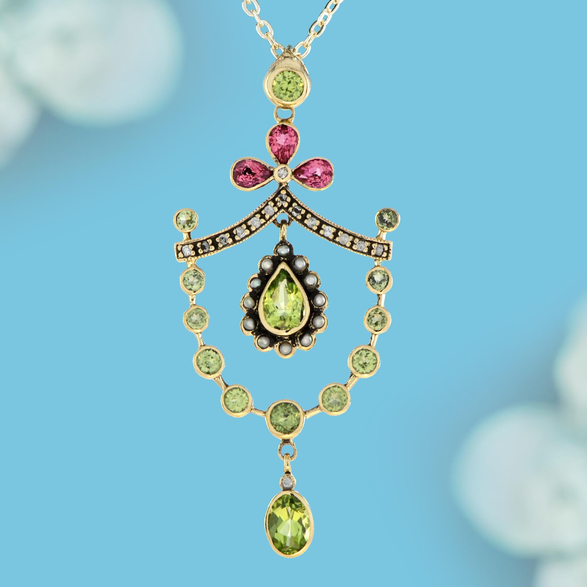 Natural Peridot, Pink Tourmaline, and Pearl Diamond Vintage Style Pendant in 9K Yellow Gold. The vibrant peridot and pink tourmaline stones are beautifully complemented by the lustrous pearl and sparkling diamonds, creating a striking contrast that