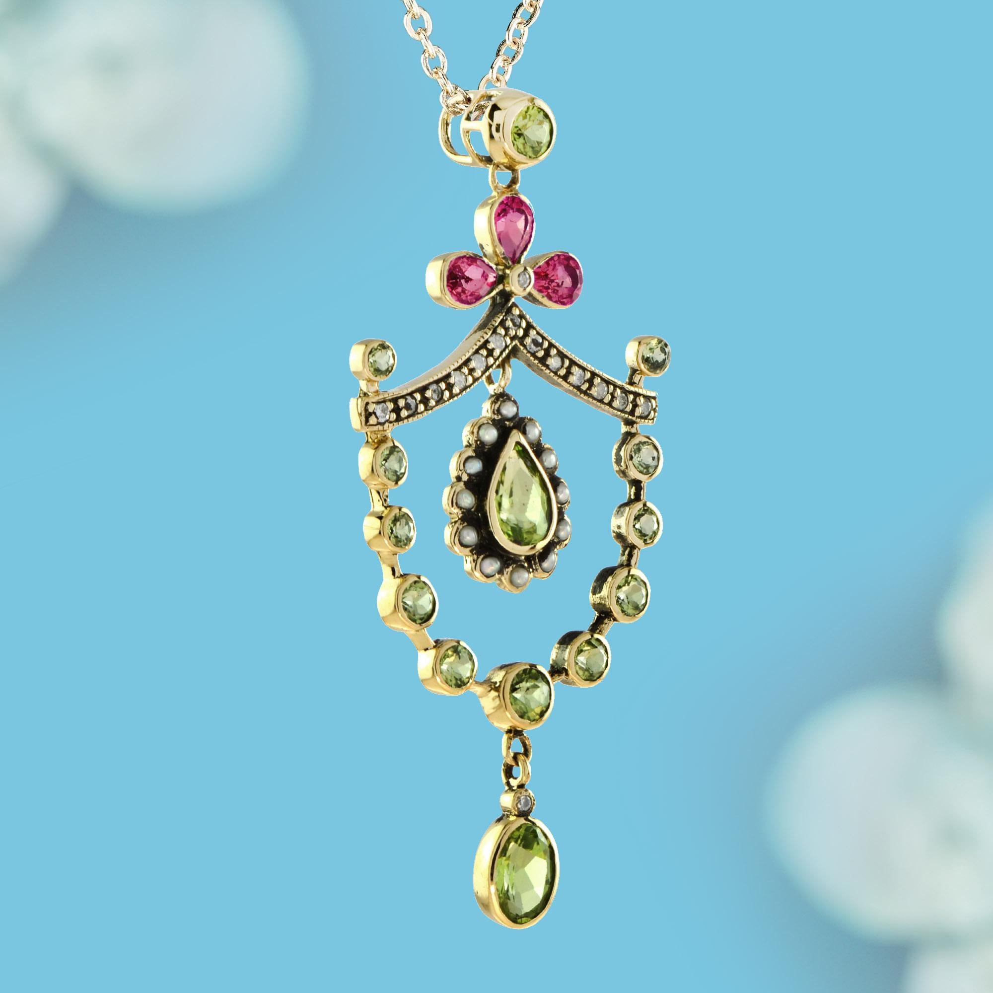 Edwardian Natural Peridot Pink Tourmaline and Pearl Diamond Vintage Pendant in 14K Gold For Sale