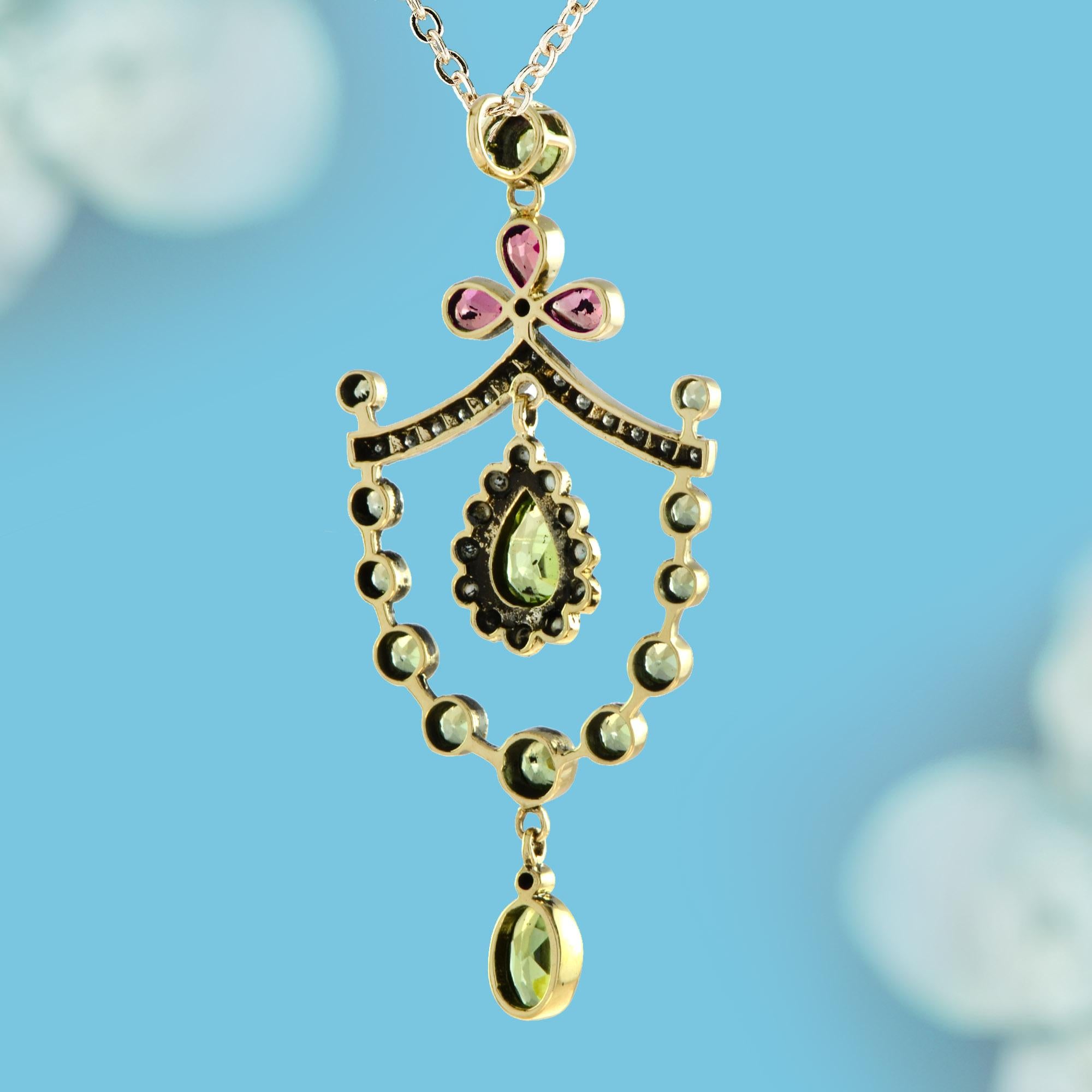 Pear Cut Natural Peridot Pink Tourmaline and Pearl Diamond Vintage Pendant in 14K Gold For Sale